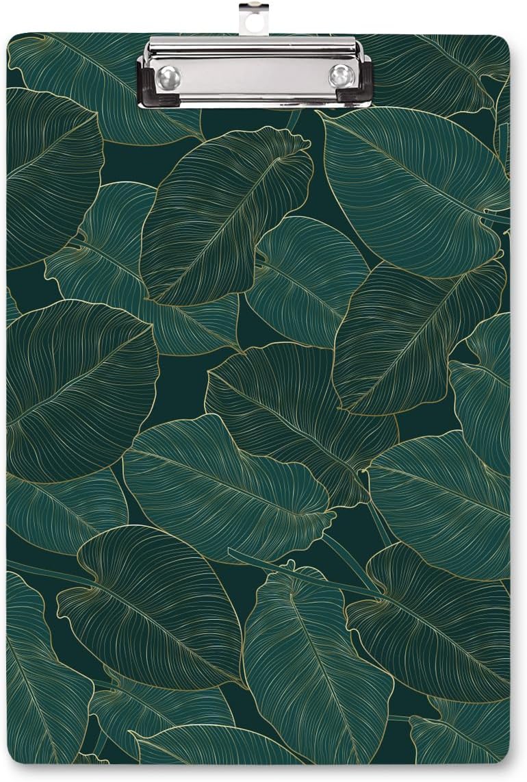 WAVEYU Cute Clipboard, Decorative Office Hardboard Wood Nursing Clip Board for Standard A4 Letter Size for Students, Women, Men, 12.5"x 9", Green Leaves