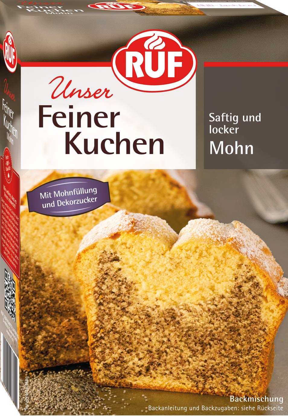 RUF Feiner Mohnkuchen, Backmischung für einen Rührkuchen mit herzhafter Mohnfüllung und Puderzucker, kann auch mit Früchten verfeinert werden, 1x465g