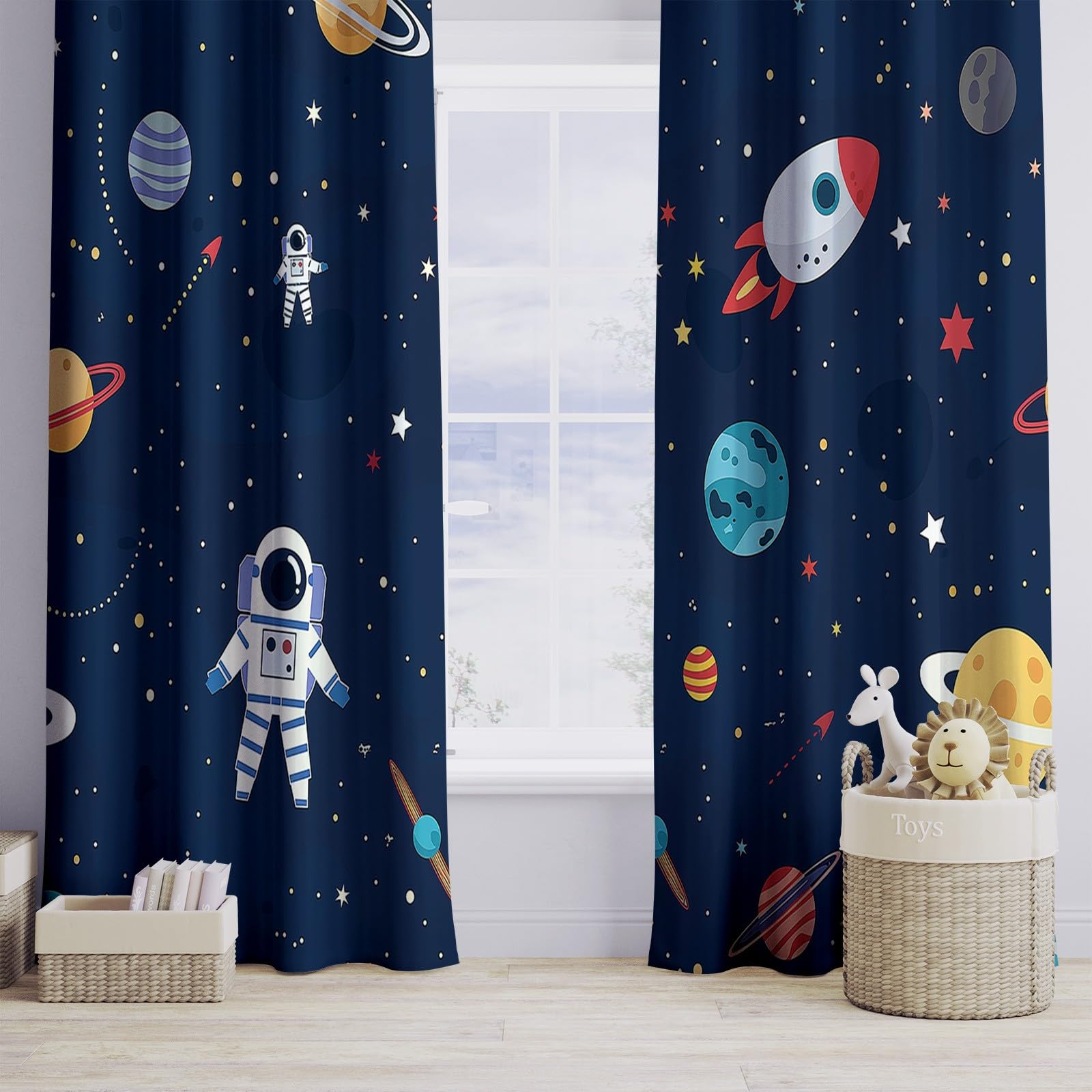 Blickdichte Vorhänge Drucken mit Ösen Wohnzimmer Gardinen Cartoon, Astronauten, Universum Muster Ösenvorhang Thermovorhang für Schlafzimmer 2er Pack Modern Schlafzimmer Gardine H 245 x B 100 cm Bunt