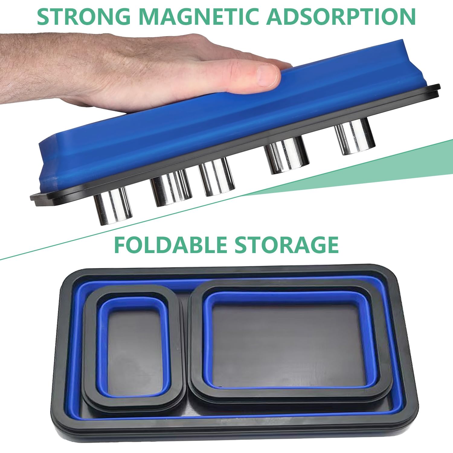 3 Pezzi Vassoio Magnetico da Officina in Silicone, Pieghevole, Accessorio Magnetico per Carrello da Officina, Ideale per Piccoli Bulloni, Viti, Dadi, Inserti e Altri Piccoli Componenti e Utensili, Blu
