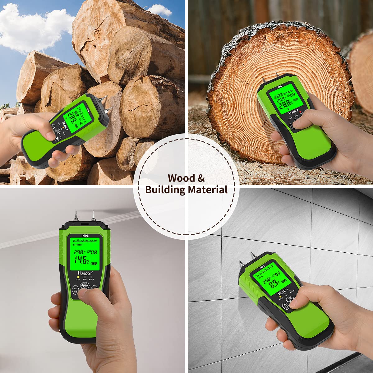 Humidimètre Numérique du Bois Huepar, Détecteur de Fuites à Broche 2 Modes de Mesure-8 Types Testeur d'Humidité du Bois Ecran LCD Rétroéclairé Pour Inspection d'Humidité du Bois & des Matériaux M01