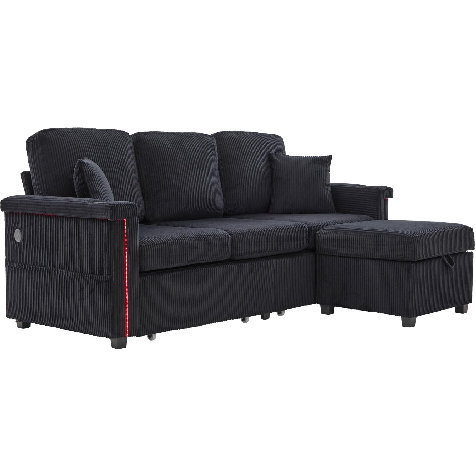 Modulares Ecksofa aus Cordstoff, Sofa mit Schlaffunktion, Couch mit LED-Beleuchtung & USB-C-Port, inklusive Stauraum-Fußteil, praktischen Getränkehaltern und Seitentaschen, Schwarz