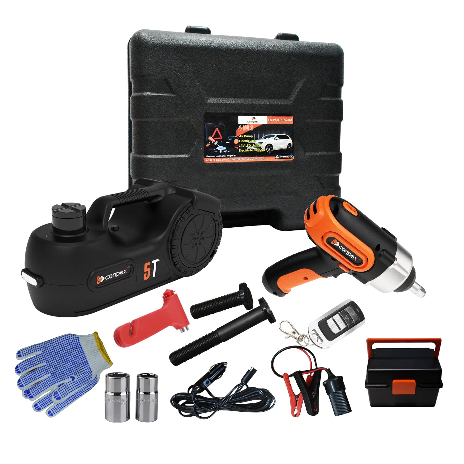 Photo 1 of CONPEX 5 Ton Electric Floor Car Jack with Remote Control Hydraulic Portable Lift Kit Electric Impact Wrench with Built-in Inflatable Pump Flashlight for Tire Replacement Road Emergency Car Repair