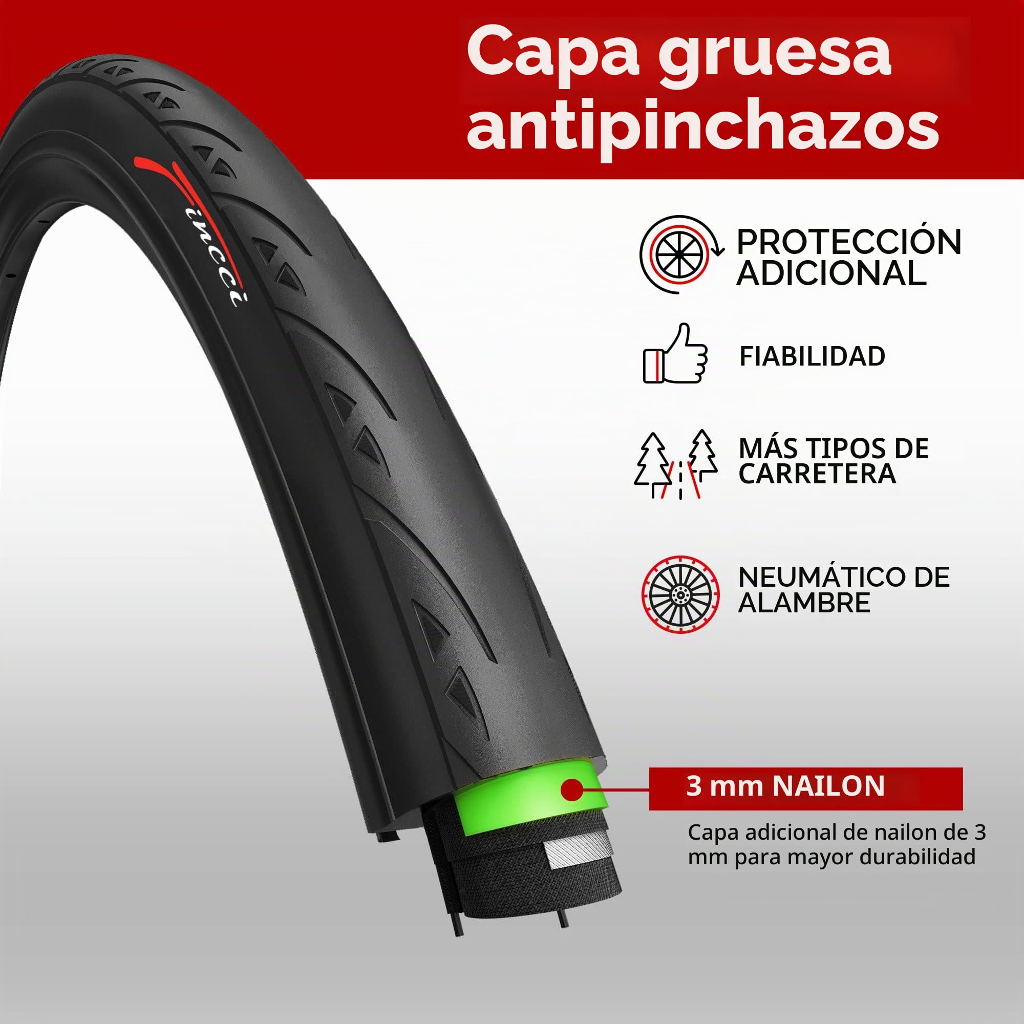 Fincci Cubiertas Carretera 700x25 - Neumáticos Bicicleta Carretera 25-622, 60 TPI, Gomas con 3 mm Antipinchazos para Electro Ciclo Bici, Carrera Turismo Bici