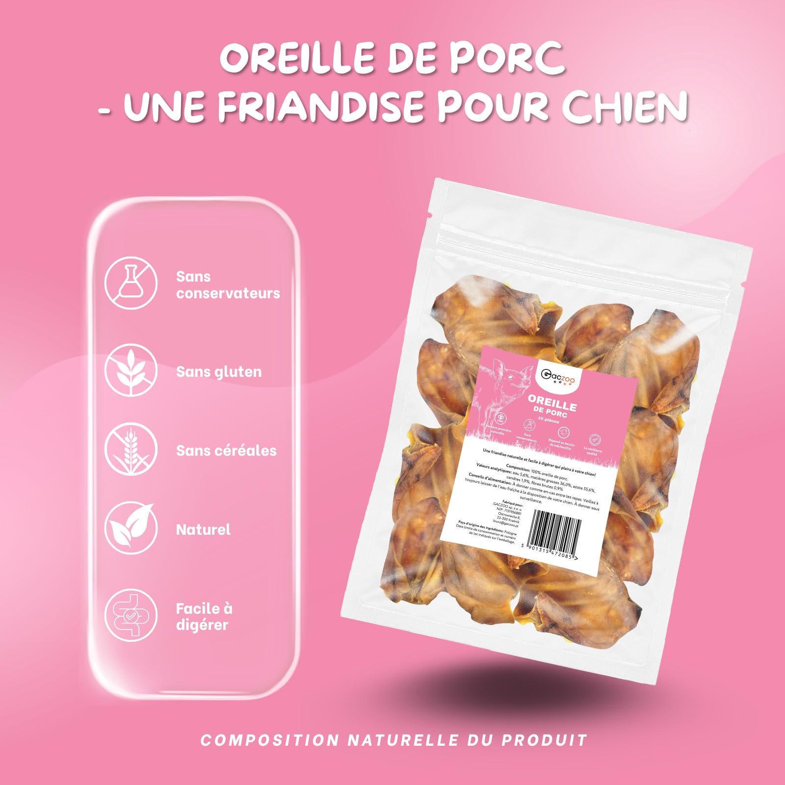 Oreilles de Porc pour Chien – Friandises pour Chien – 100% Naturels sans conservateurs ni additifs – Hygiène Dentaire, Réduction du Stress – Source collagène et protéines – 10 Pièces