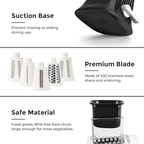 Miniatura 5 de X Home Rallador de queso giratorio 5 en 1 para cocina, trituradora de manivela mejorada con base de succión más fuerte y cuchillas de tambor