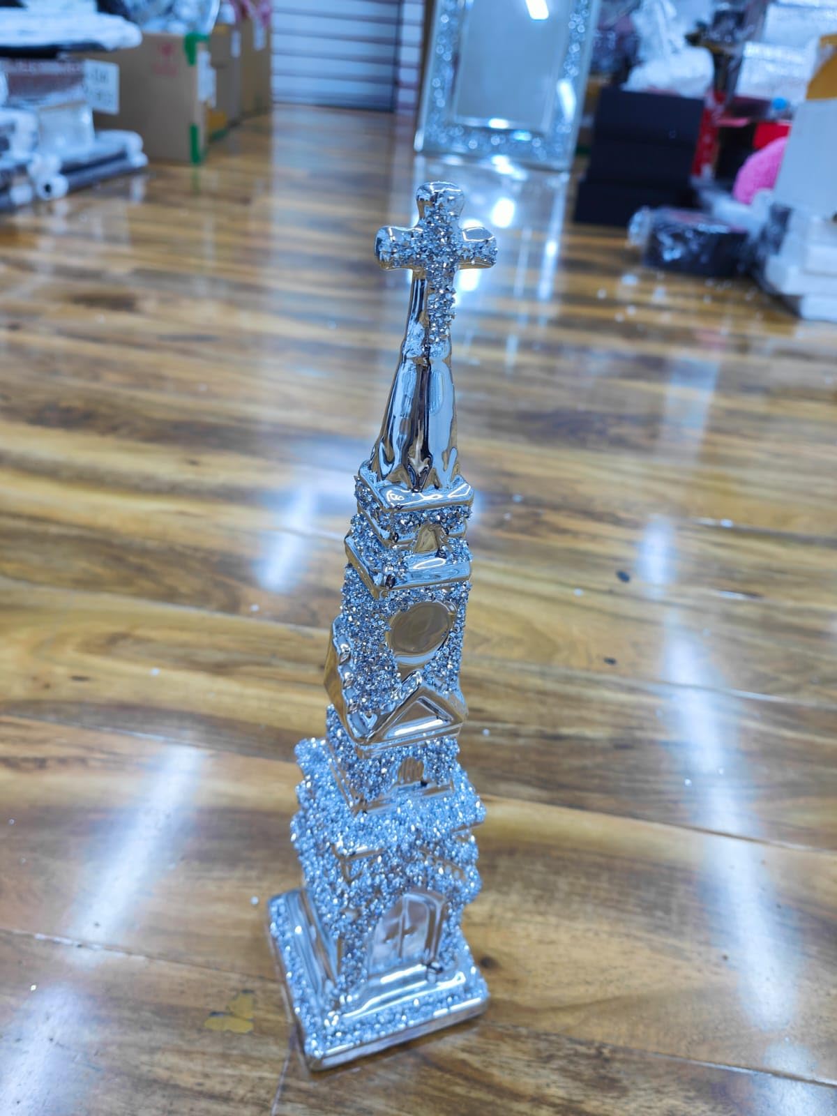 Biznest Crushed Diamond Church Tower Showpiece Silver Shelf Sitter Unique Ornament Statue