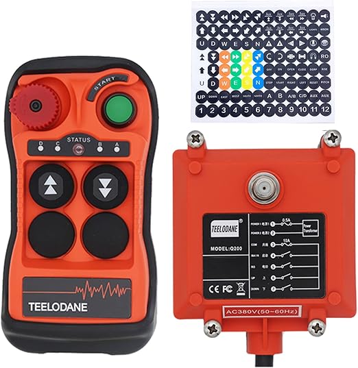 Q200 Industrial Wireless Crane Remote Control kit 2 Button 12v 24v Electric Lift Hoist Transmitter Receiver with Emergency Stop (AC/DC 12-24V 1T1R)