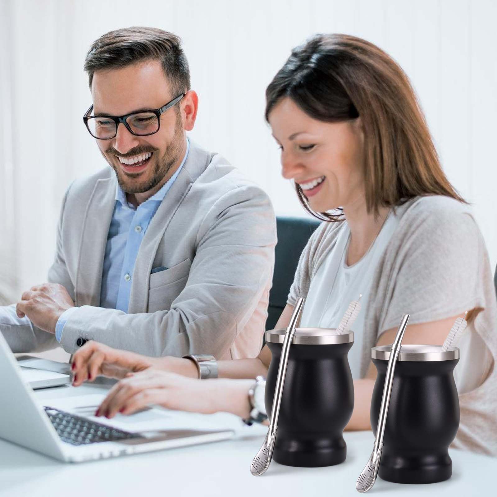 2 tazze Mate in acciaio inox, a doppia parete, set da tè Yerba Mate con cucchiaino e spazzola per la pulizia, isolamento termico per tè, caffè, latte e succo (nero)