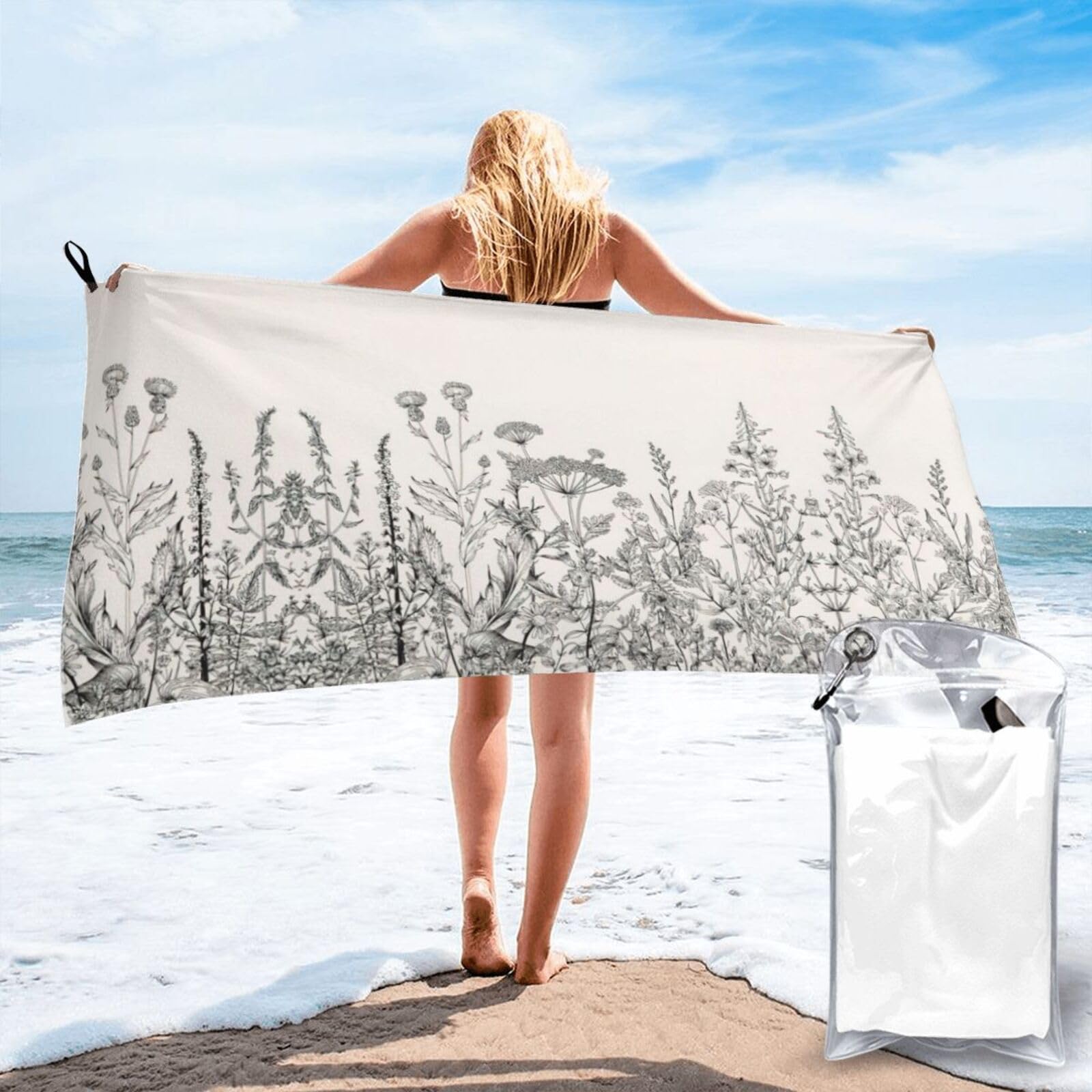 SDEGTHO Floral Herbs Botanical Engraving Print Beach Towel Quick Dry Portable For Swimming Yoga Adults Fitness