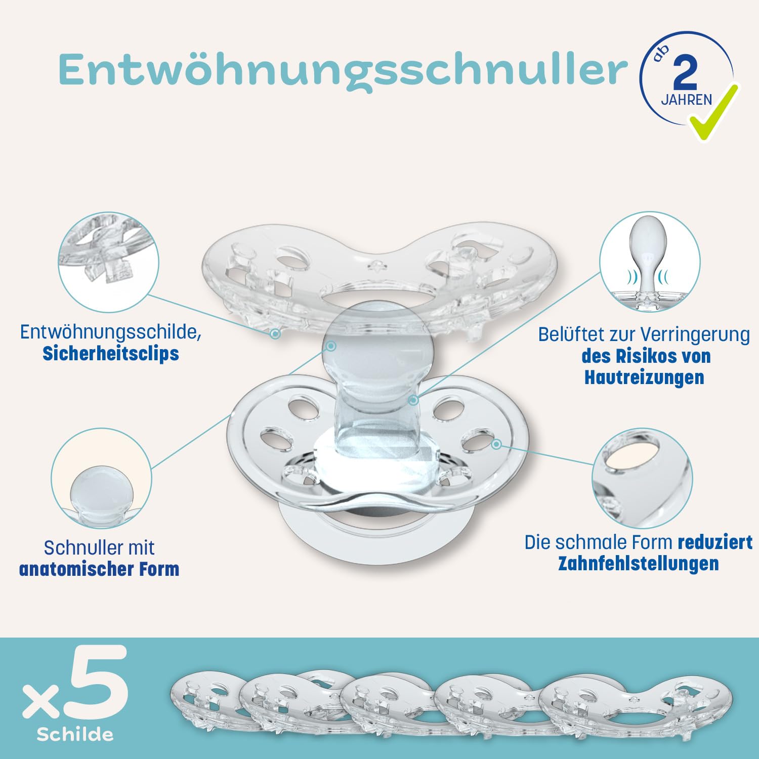 CLIPP Set – Entwöhnungsschnuller Leuchteffekt + 5 Entwöhnungsschilde zur schrittweisen Abgewöhnung + Gebrauchsanweisung - Spielerisch, einfach & sanft – Patentiert – Entworfen in Frankreich – Ab 2