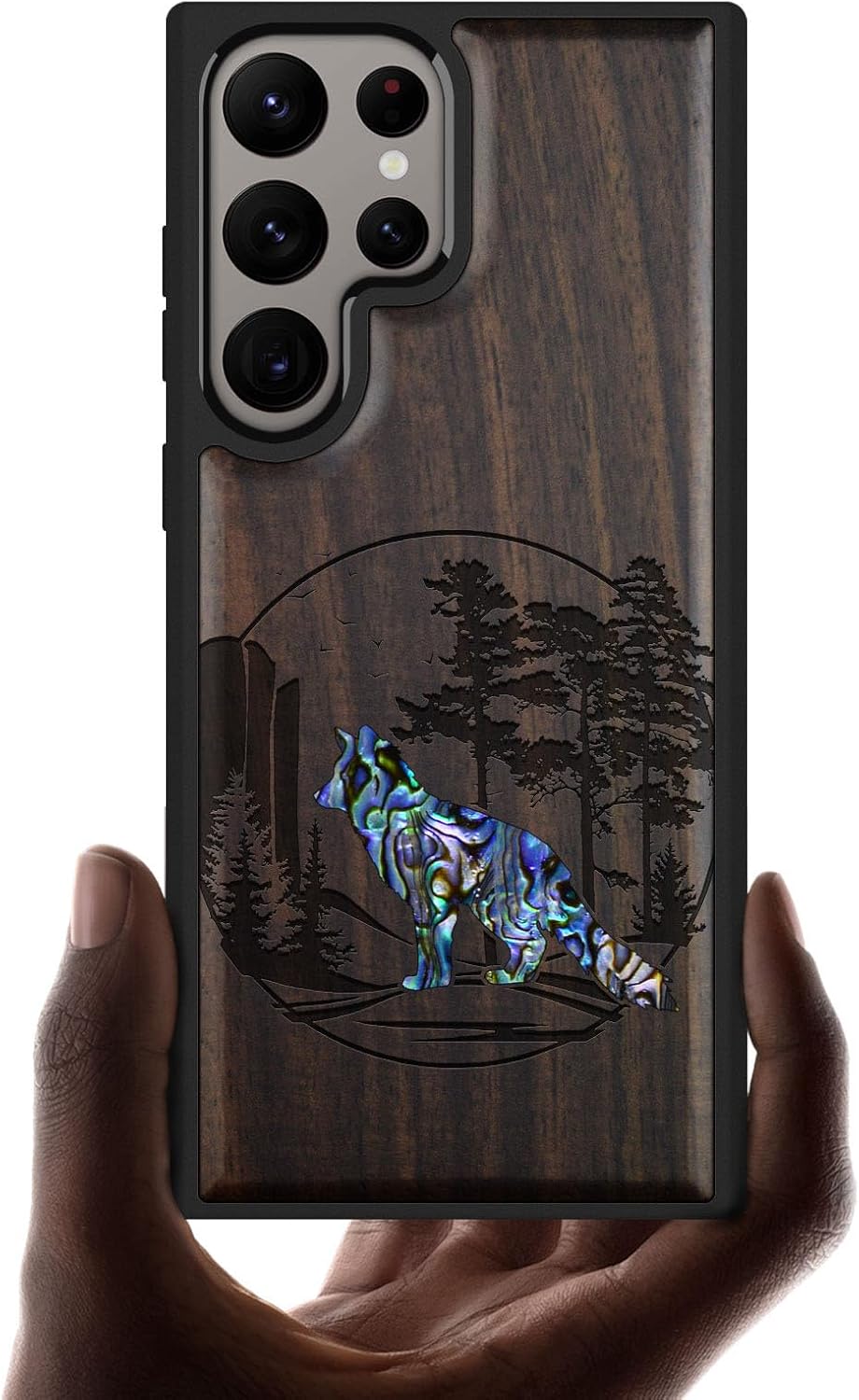 Carveit Designer Wooden Case for Samsung Galaxy S24 Ultra Case [Wood Engraving & Shell Inlay] Compatible with Wireless Chargers S24 Ultra Cover (Fox and Woods-Blackwood)