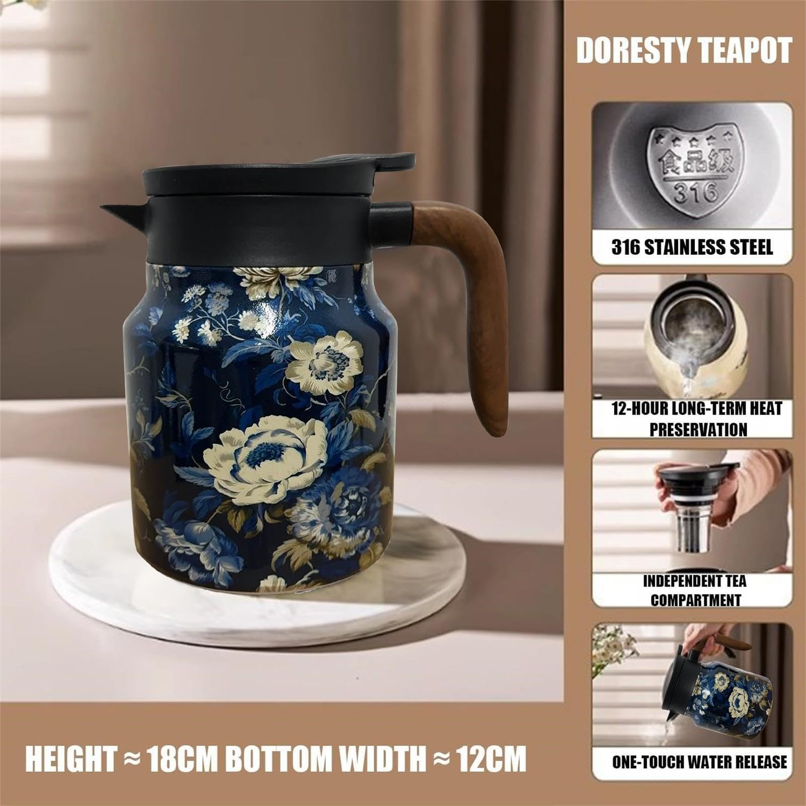 Vintage bloemenpatroon theekan, mini warme koffiepot ingebouwde infuser, bloemen roestvrijstalen theeketel met deksel, theepot met infuser, thermische karaf voor warme dranken
