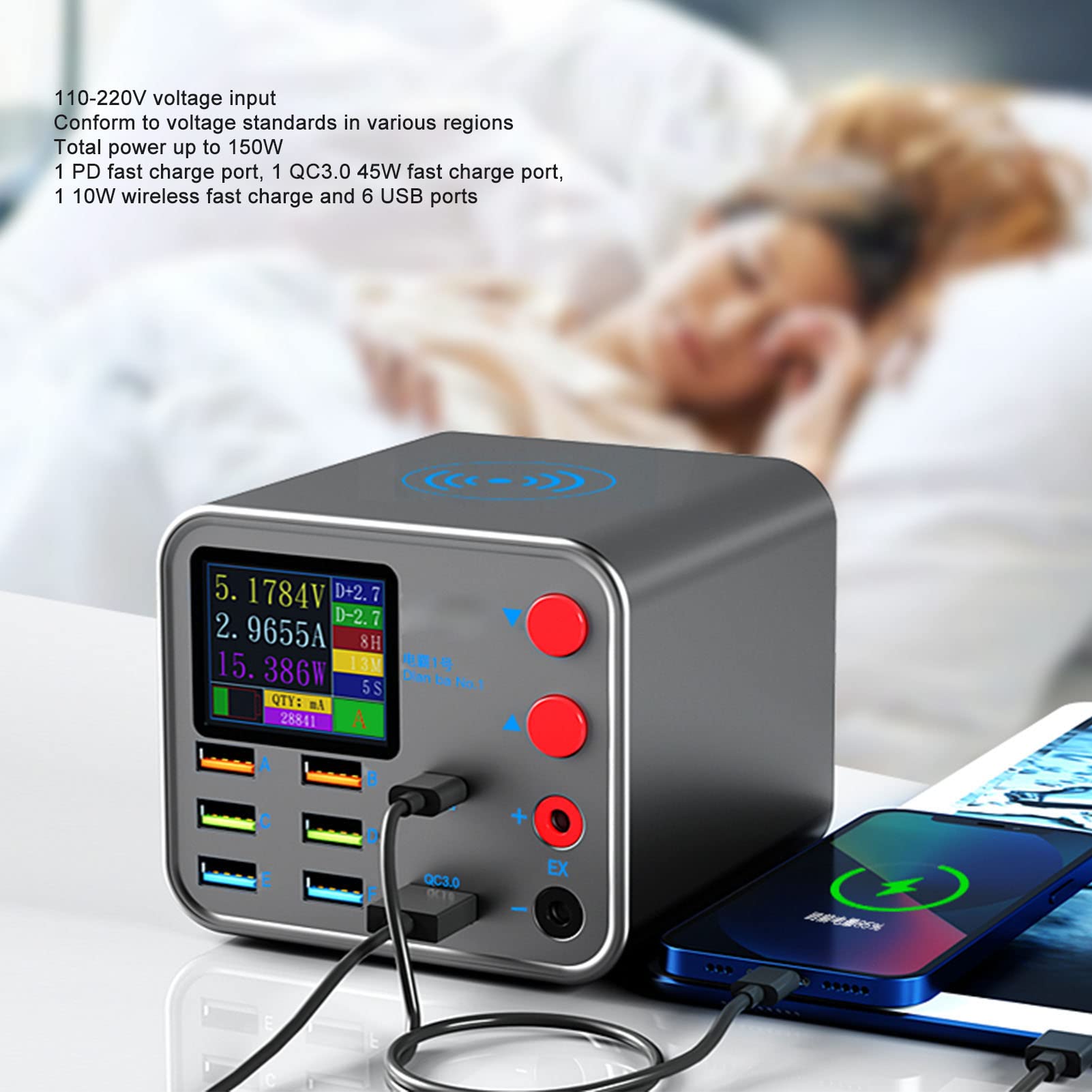 Estación de Carga USB Múltiple, Cargador de Pared de Carga Rápida QC3.0 de 150 W Y 8 Puertos con Adaptador de Corriente de Carga Inalámbrica de 10 W para Teléfonos, Portátiles, Tabletas, 110‑220V(EU)