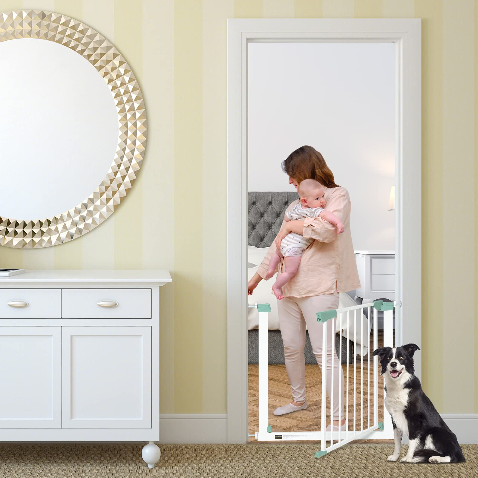 COSTWAY Barrera de Seguridad Niños 80-132cm, Puerta de Seguridad para Bebés con Extensiones y Kits de Montaje, Valla de Seguridad Infantil con Cierre Automático a Presión para Bebés