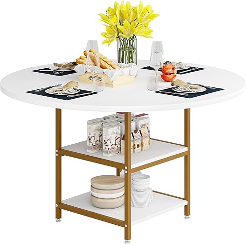Miniatura 7 de Tribesigns Mesa de comedor redonda de 47 pulgadas para 4 personas, mesas de cocina doradas con estantes de almacenamiento de 2 niveles para comedor,