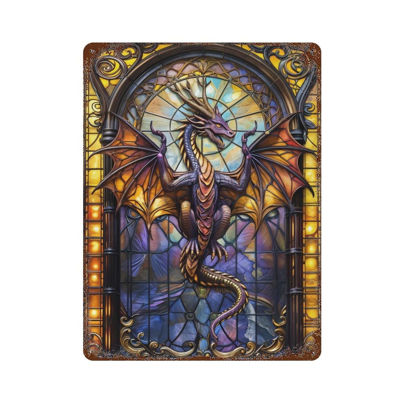 Purple Church Glass Dragon 15.7"x11.8" Rustic Tin Plaque, Retro Wall Decor for Garage, Bar And Workshop Decor