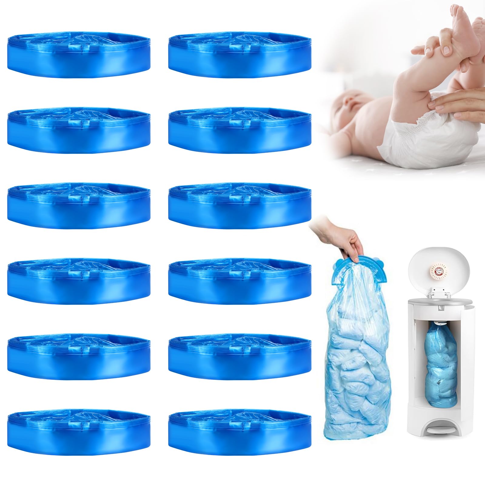 12 stück Nachfüllkassetten, 4.5m Nachfüllfolie Windeleimer, Windeleimer Nachfüllkassetten Kompatibel für Angelcare, für Achteckiger, für Litter locker(Blau)