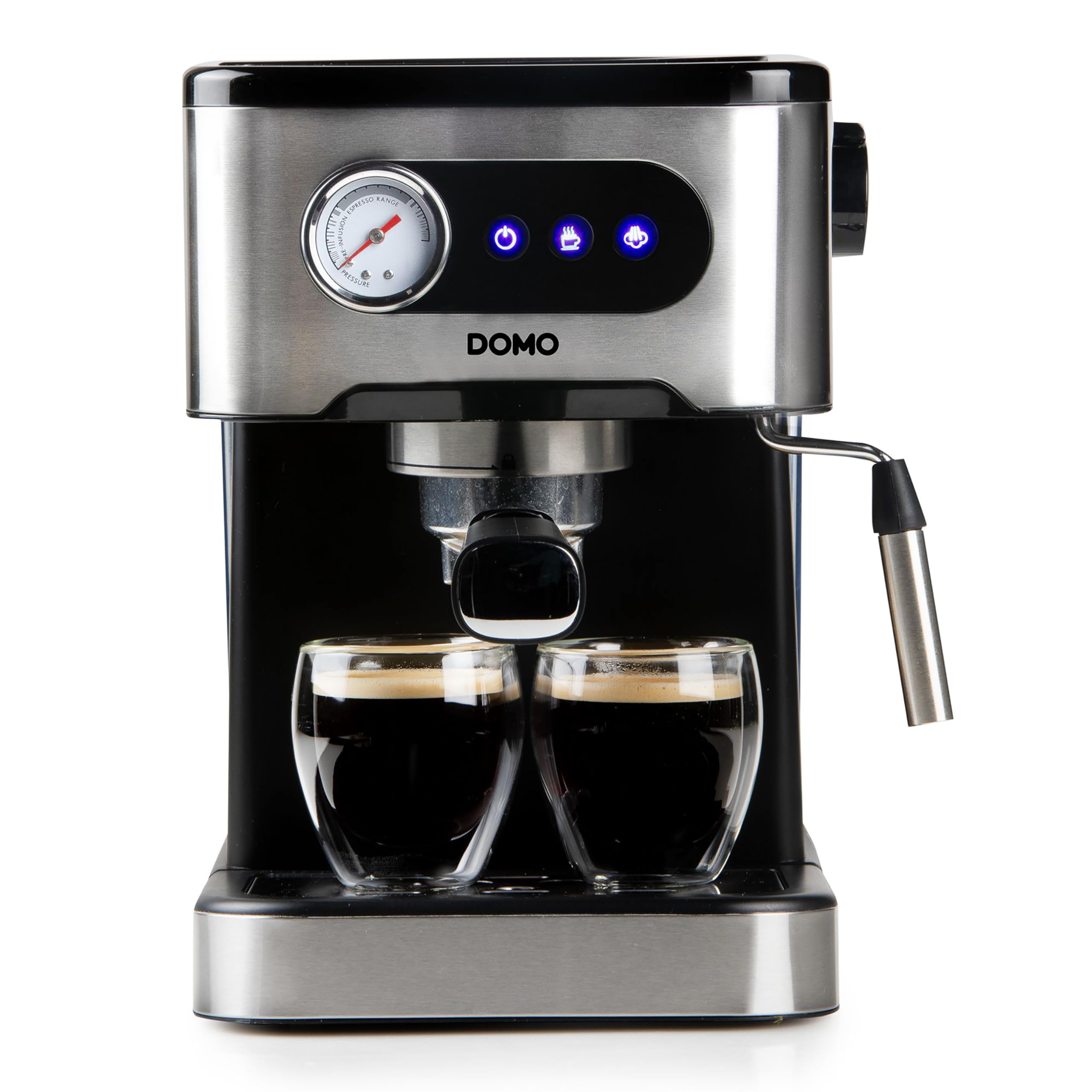 DOMO DO1138K Espressomaschine mit Manometer - 20 Bar - Mit integrierte Dampfdüse - Edelstahl/schwarz