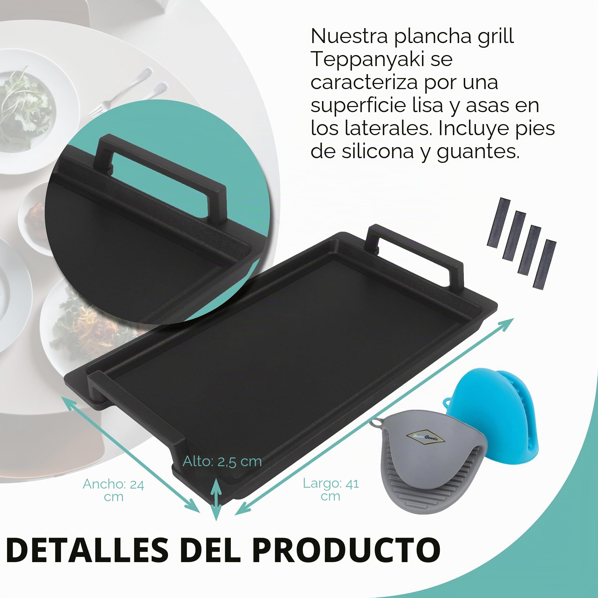 Plancha de aluminio fundido - 43 x 28 x 2,5 cm - Para inducción y todo tipo de cocinas - Recubrimiento antiadherente - Antideslizante - Made in Germany - Sin PFOA