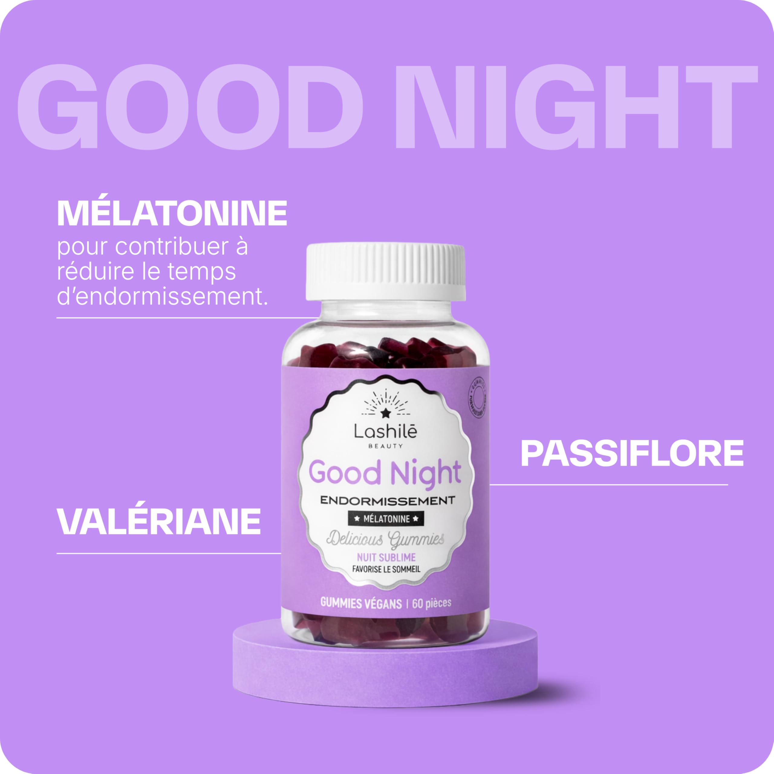 Lashilé Beauty - Gummies Sommeil Adulte - Favorise l'Endormissement et la Qualité du Sommeil - Good Night - Complement alimentaire - Mélatonine 1,9mg, Valériane - Cure 1 Mois 60 Gummies