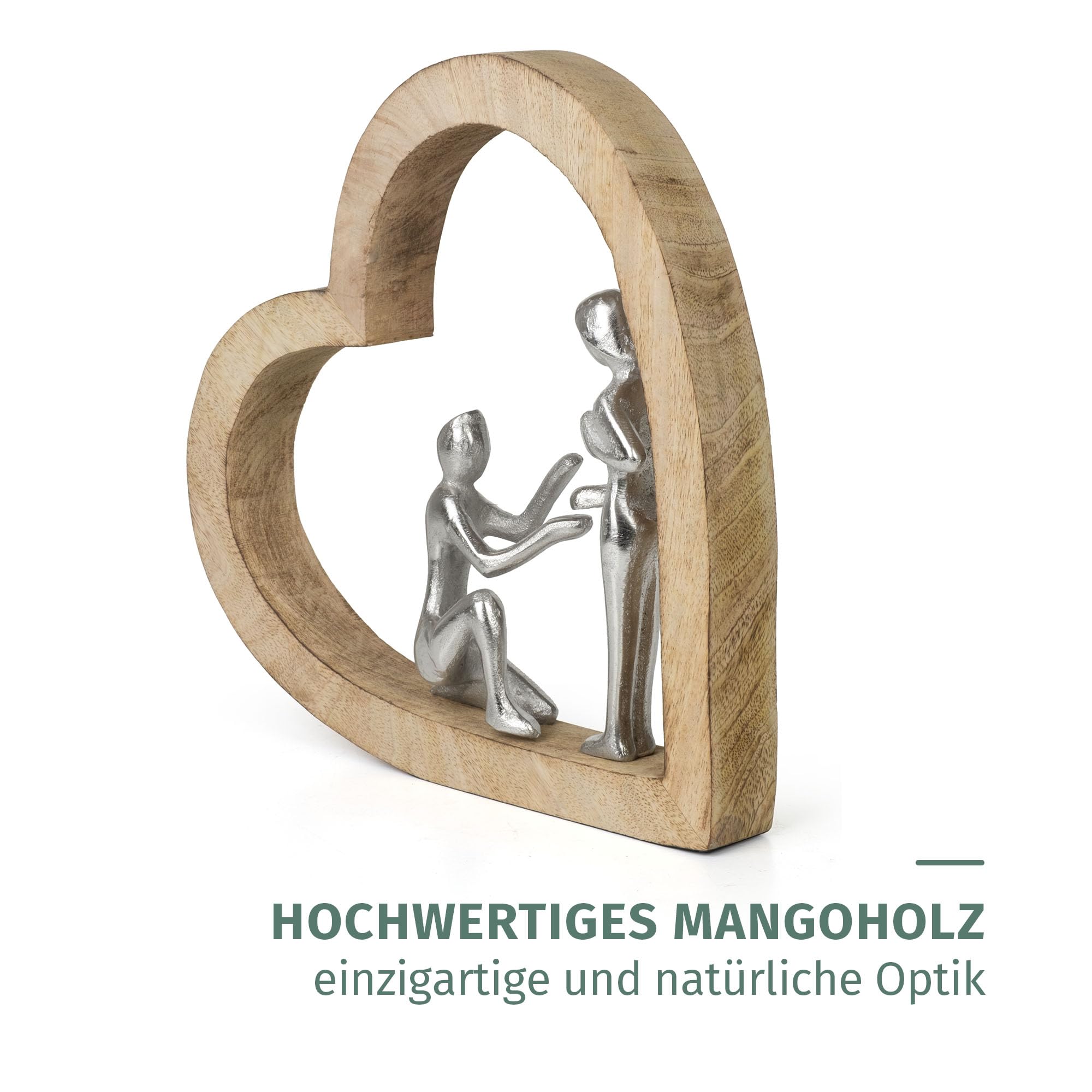 Moritz Figurka dekoracyjna The Promise 28 cm z drewna mango i aluminium Rzeźba w kształcie serca z dwoma osobami symbol miłości, zaufania i uczucia, dekoracja, rękodzieło, pomysł na prezent, unikat