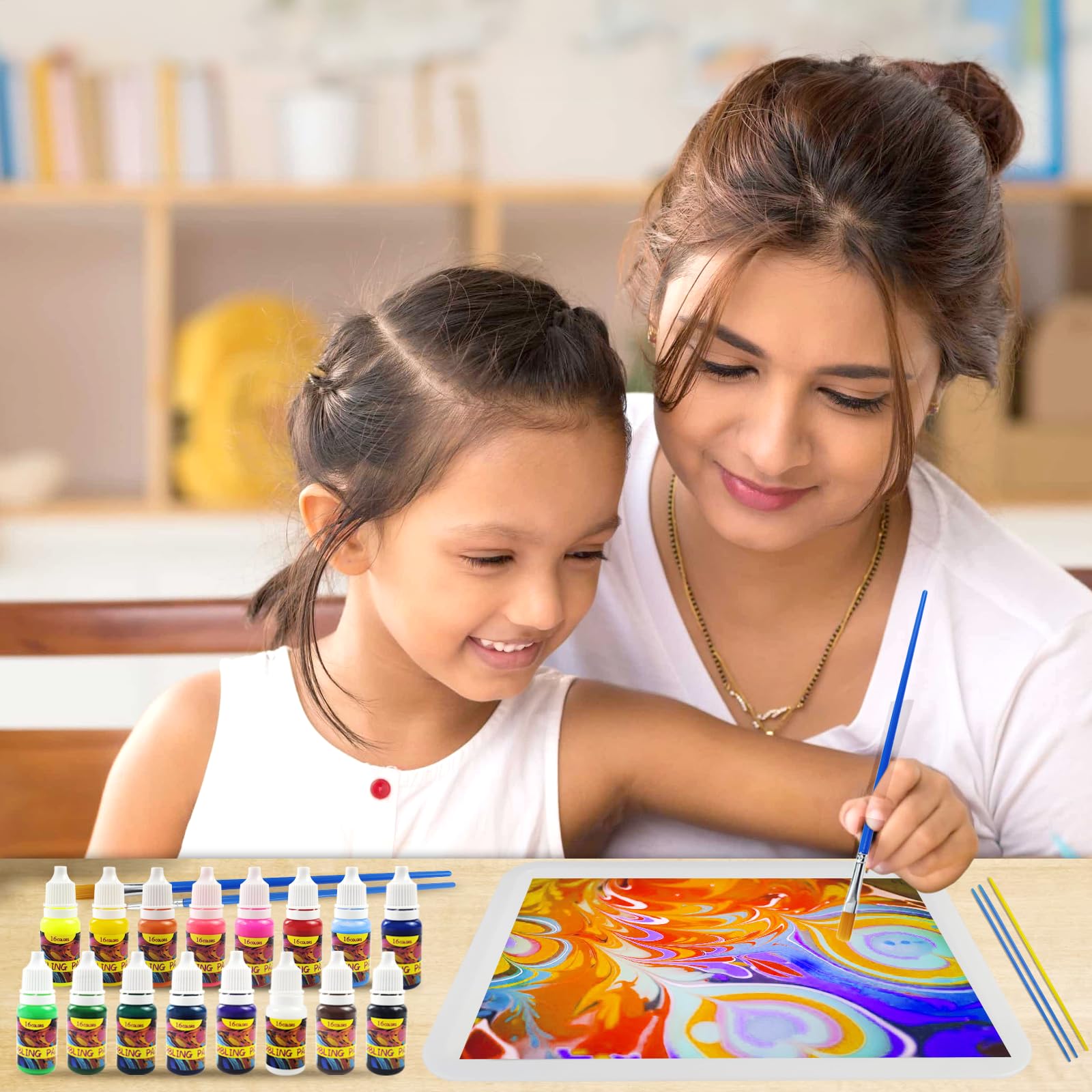 Kit Peinture Marbrée à L'Eau Pour Enfants 6-12 Ans - 12 Couleurs + Poudre + Papier - Loisir Créatif Et Cadeau