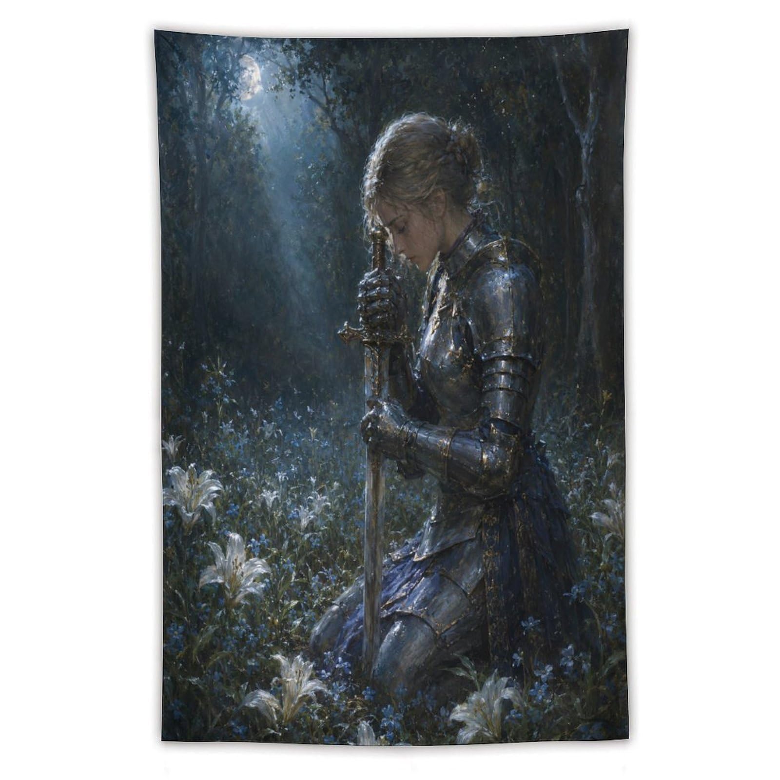 Medieval Female Knight Moonlit Wall Tapestry, Medieval Illustration