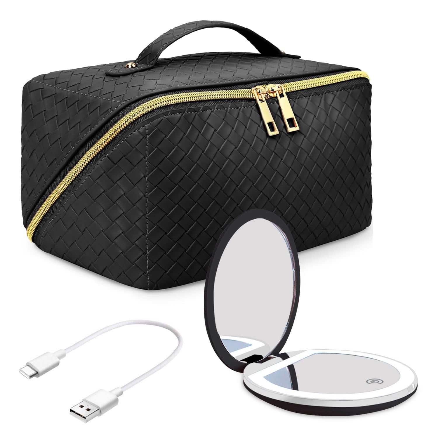 Travel Cosmetic Bags for Women - PU Leather Makeup Bag with Led Pocket Mirror - Waterproof Make up Organizers Bag - Makeup Toiletry Travel Bag - Cosmetics Organizer Bag - Makeup Travel Case