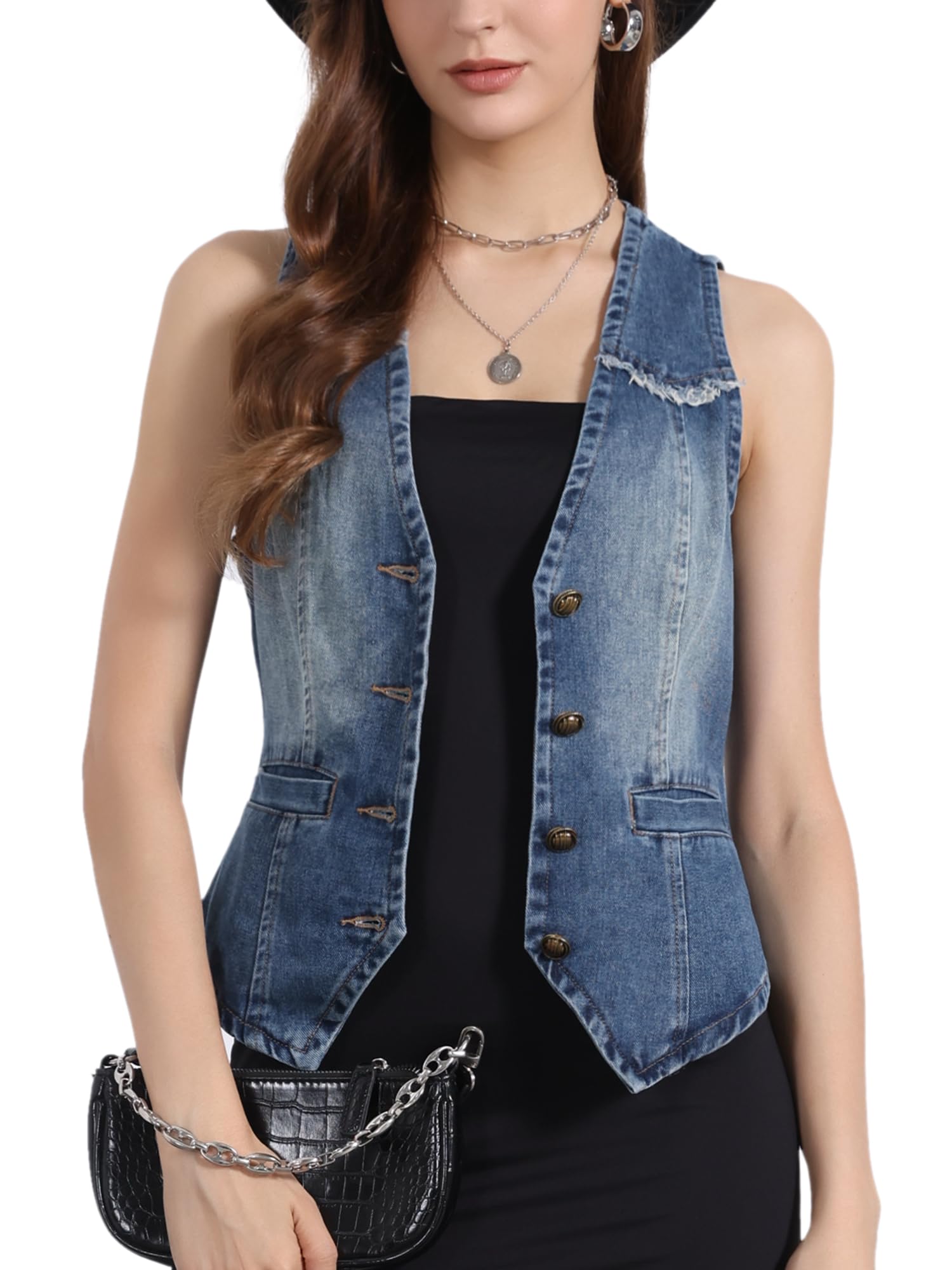 Allegra K Chaleco Vaquero para Mujer sin Mangas con Cuello en V | Chaqueta Lavado Vaquera
