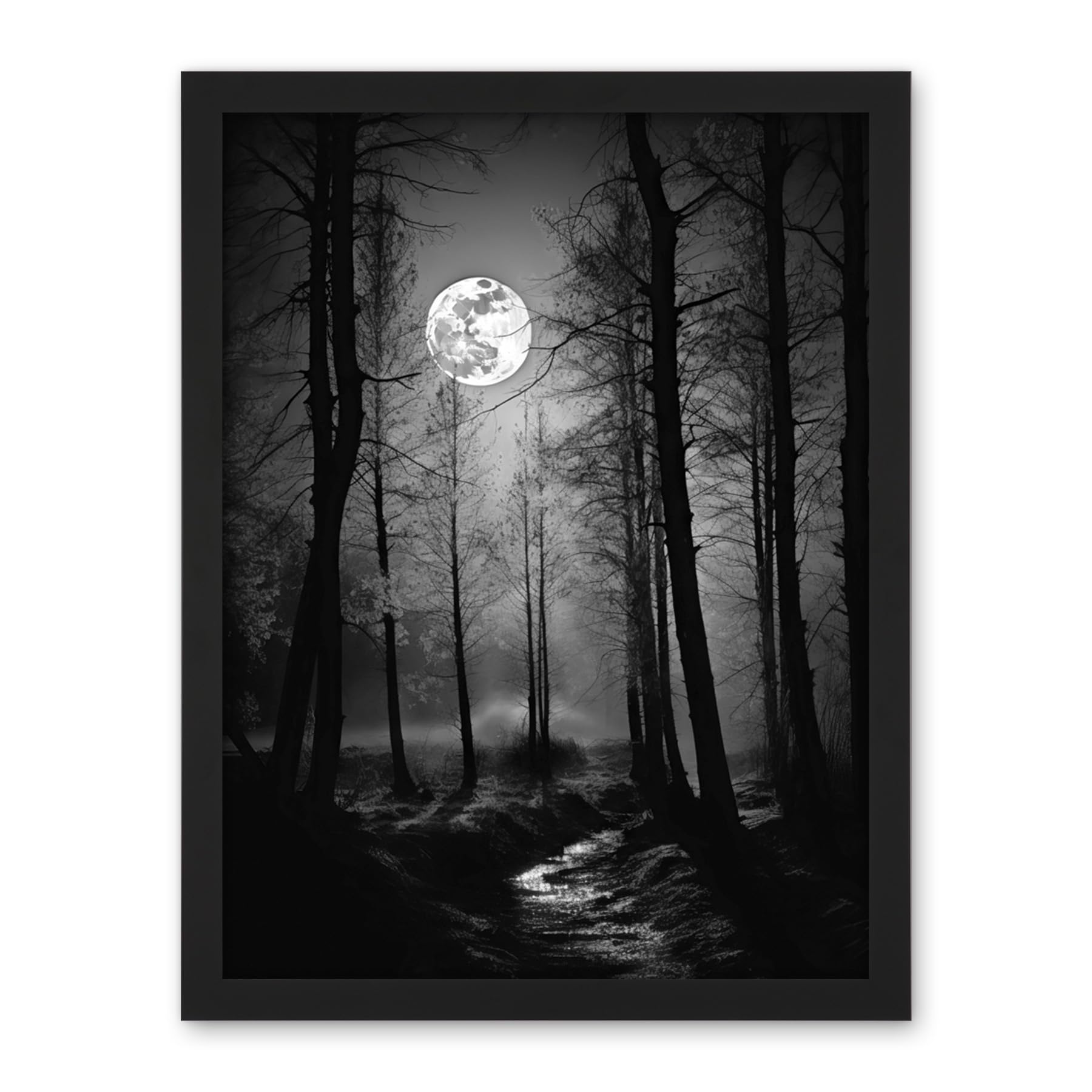 Artery8 Full Moon Over Misty Forest Black and White Photo Artwork Framed Wall Art Print 18X24 Inch