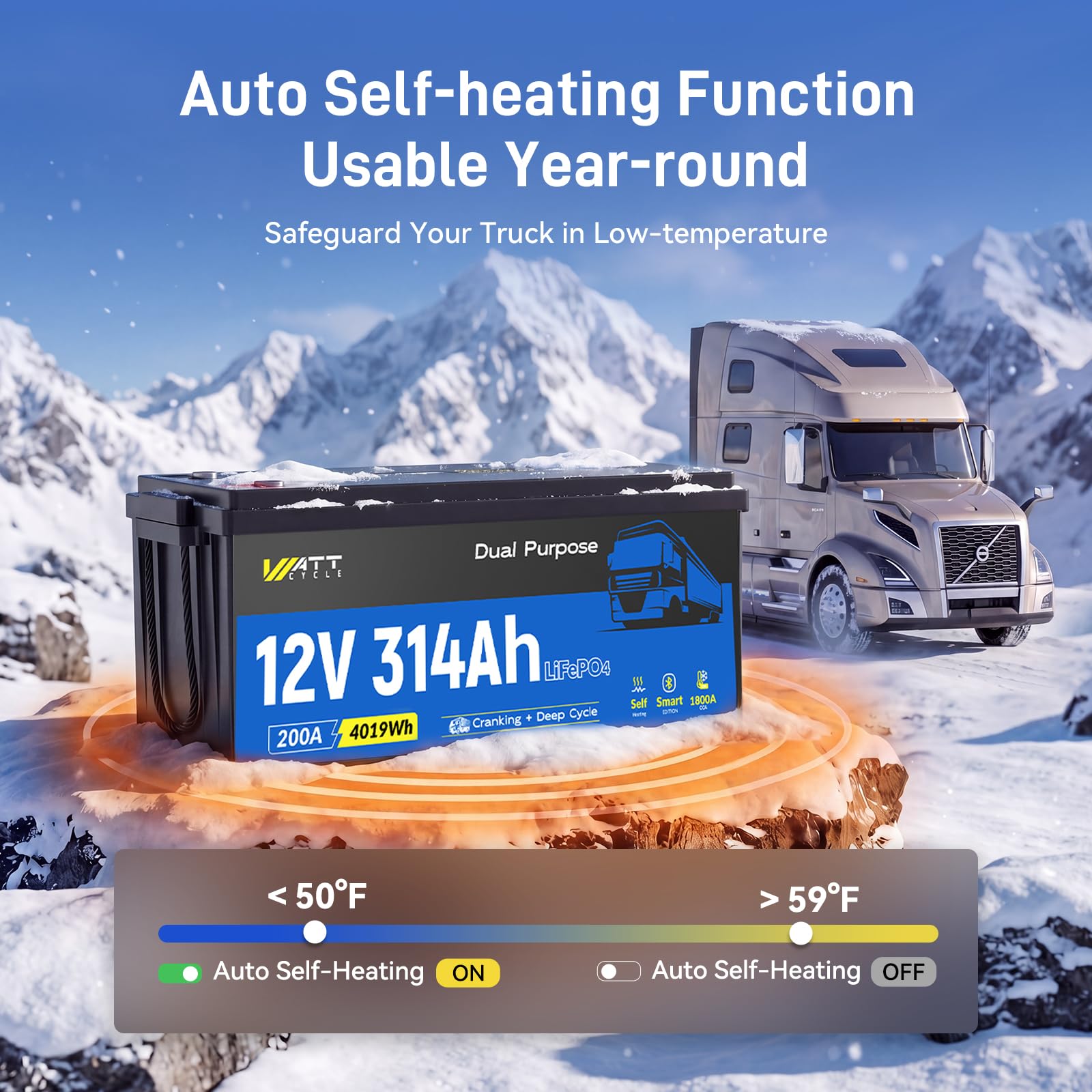 WattCycle LiFePO4 12V 314Ah, 4019Wh, 1800CCA, Batteria per Camper e Camion
