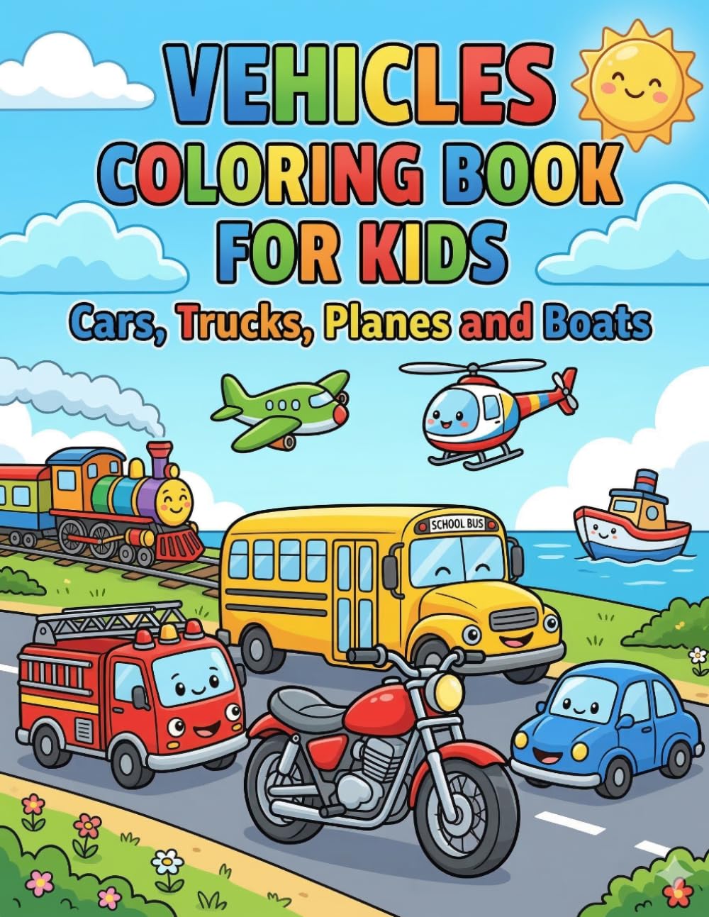 Vehicles Coloring Book for Kids: Cars, Trucks, Planes and Boats – Fun and Easy Vehicle Coloring Pages for Kids