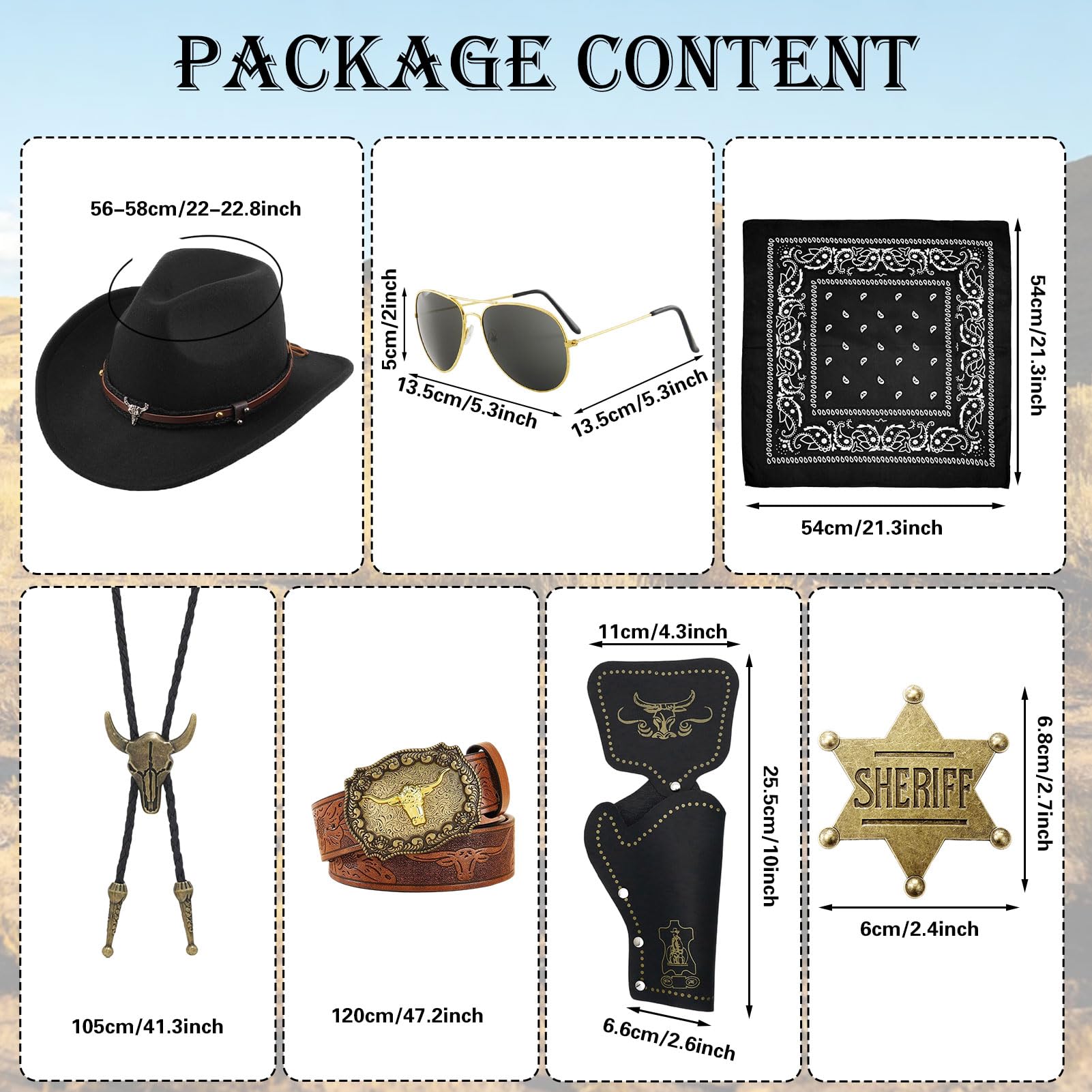 Crittygo Cowboy Outfit Kit for Men Western Cowboy Costume Accessories with Cowboy Hat Bandana Glasses Necklace Holster Belt Sheriff Badge for Halloween Western Theme Party - Image 2