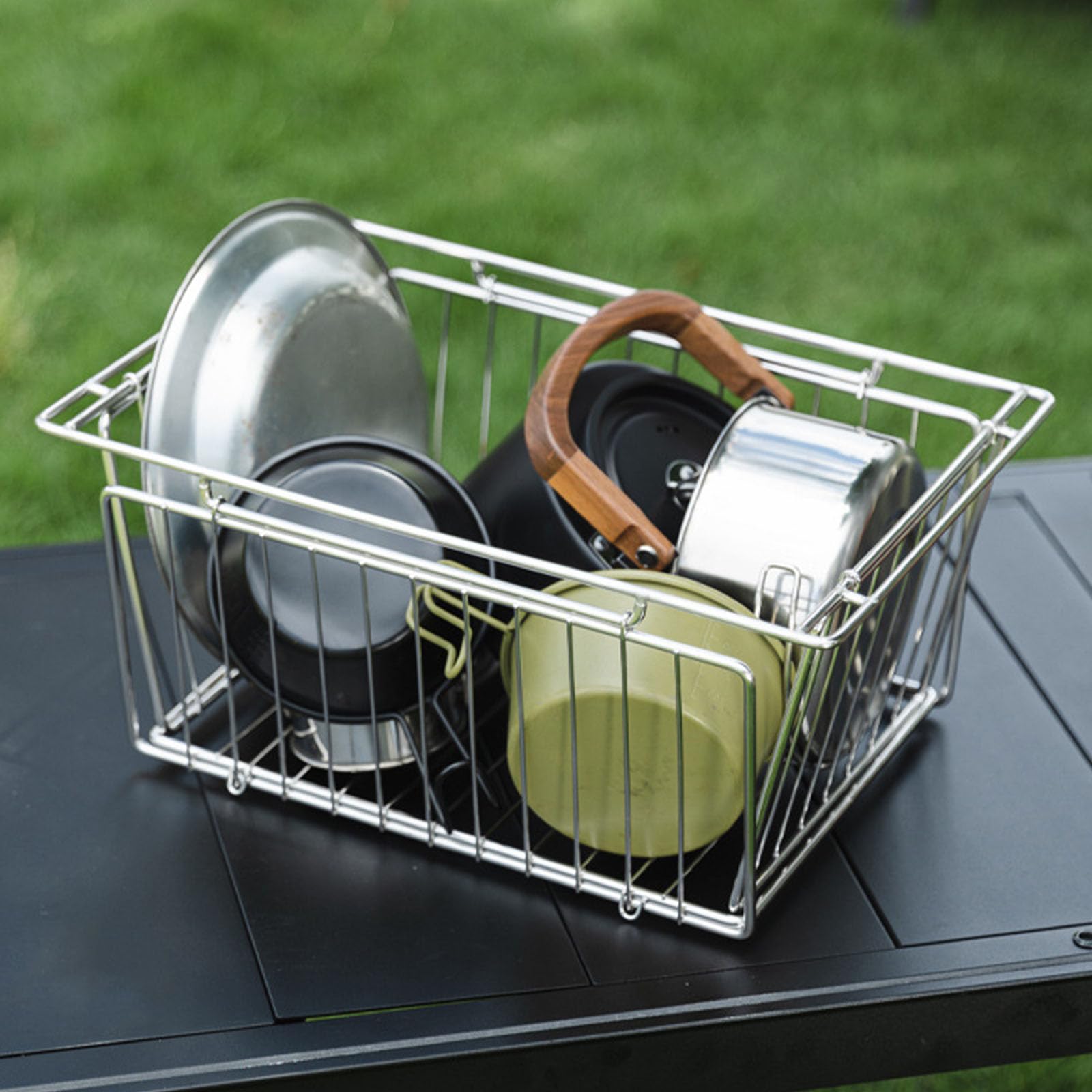 Cesta de drenaje plegable de acero inoxidable ligera y compacta para acampar al aire libre, cocina, almacenamiento, equipo de camping ligero