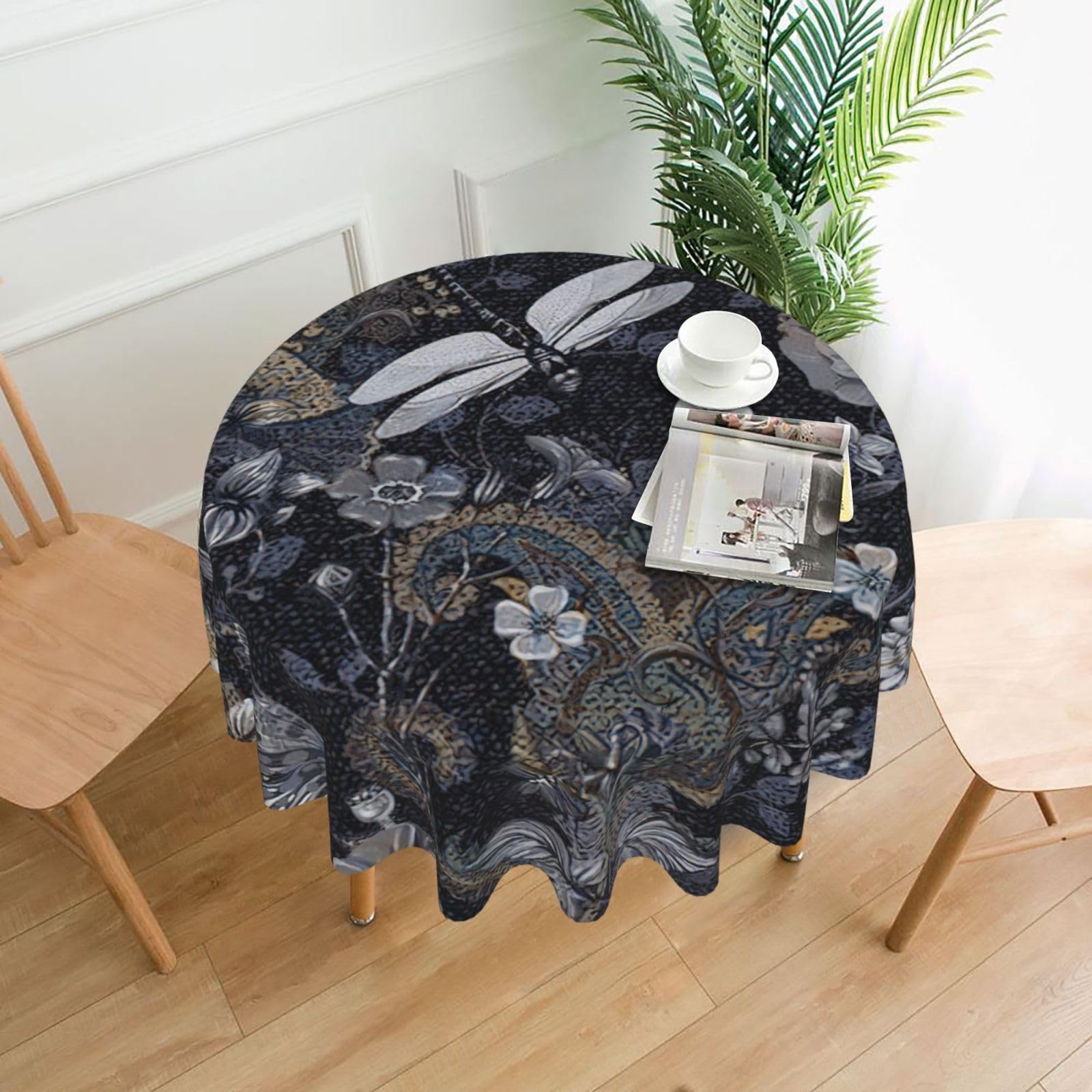Uusnwaa Dragonflies Grey Print Round Tablecloth 60 Inch, Stain Wrinkle Resistant Washable Polyester Table Cover For Kitchen Party