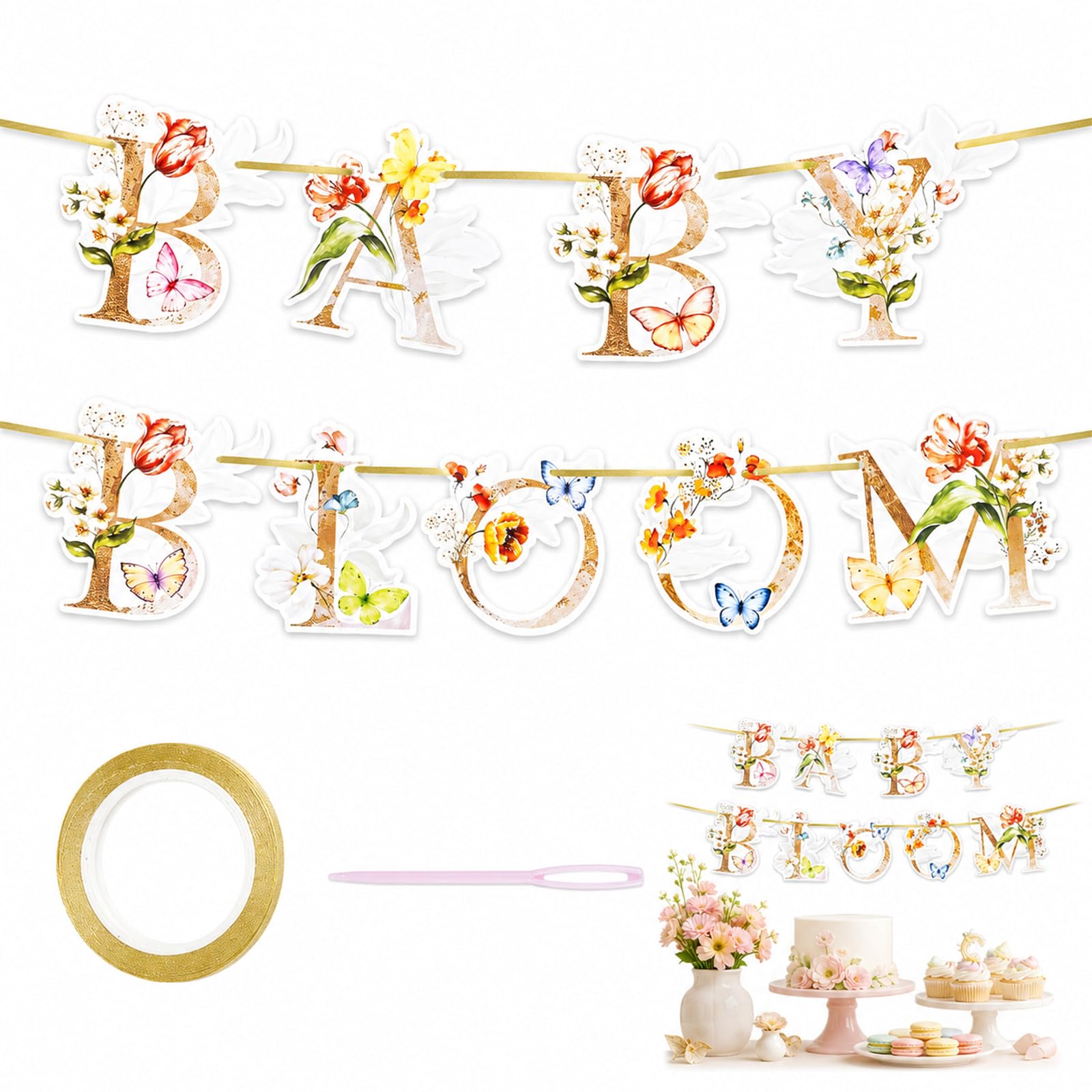 Baby in Bloom Banner, Wildflower Butterfly Paper Bunting for Baby Shower, Pre-Assembled Floral Welcome Baby Sign for Mom To Be Party Decoration