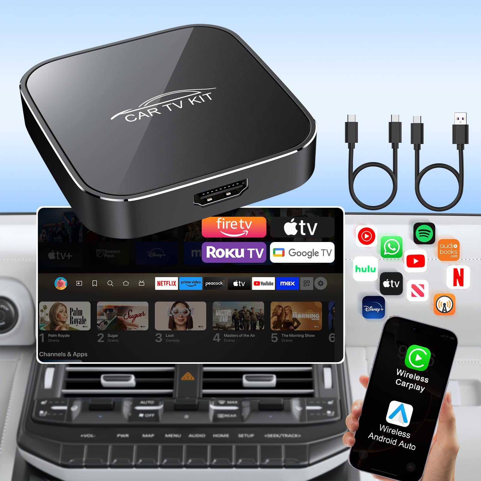 3 en 1 Car TV Mate Pro con Wireless CarPlay & Android Auto Adapter, Convertidor HDMI Multimedia TV Stick, Streaming de Fire T V/Consola/Youtube/Netflix en el Coche para CarPlay con Cable