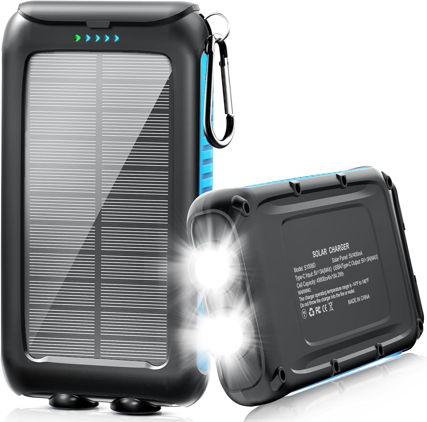 powers on but will not charge phone as is! solar-charger-power-bank-49800mah portable solar phone charger with led flashlight/15w fast charge usb c waterproof external backup battery pack for all cell phones & electronic devices blue