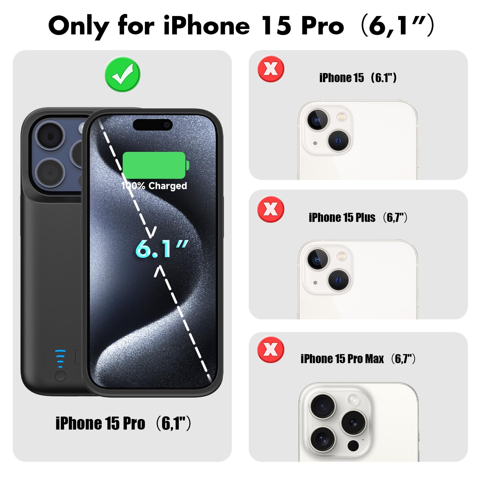 Cover Batteria per iPhone 15 Pro (6.1")，8500mAh Custodia Batteria Protettiva a 360° con Supporto, Power Bank Ricaricabile ed Espandibile, e Pellicola Temperata (Nero)
