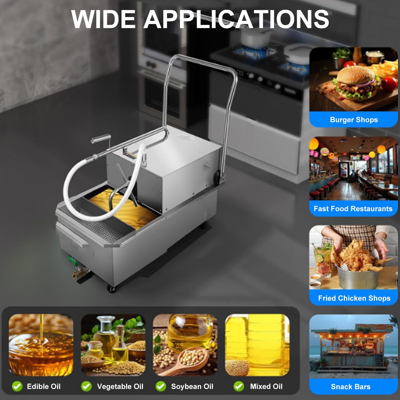 Máquina de filtro de freidora comercial, sistemas de filtración de aceite para separación de aceite de cocina, carrito de llenado de acero inoxidable para restaurantes, movilidad fácil de usar