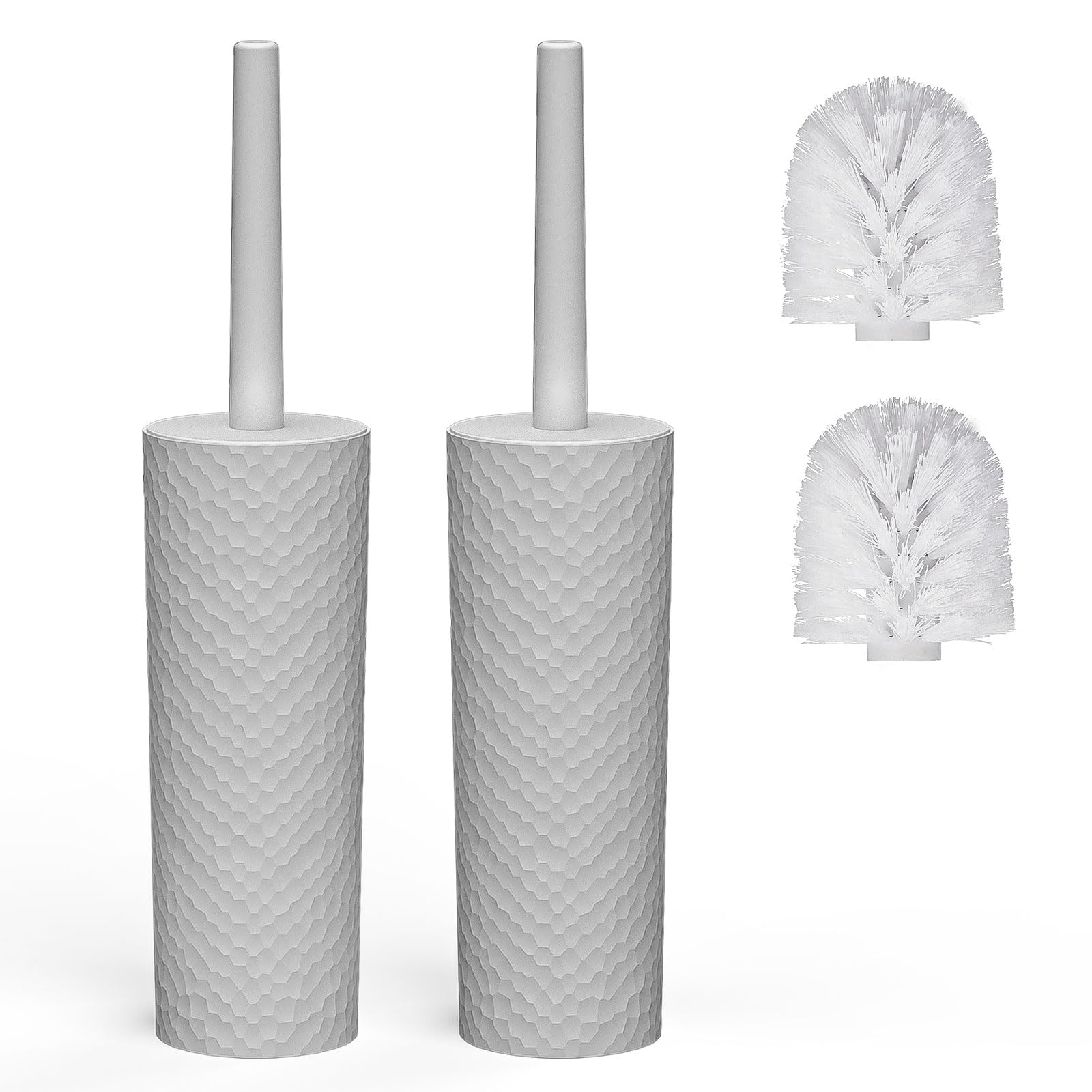 Toilet Brush, 2 Pack Toilet Brushes & Holders Set with Soft Flexible Bristles, 4 Toilet Brush Heads, Ergonomic Plastic Handle, Durable Quick-Dry Loo Brush for Bathroom (Grey)