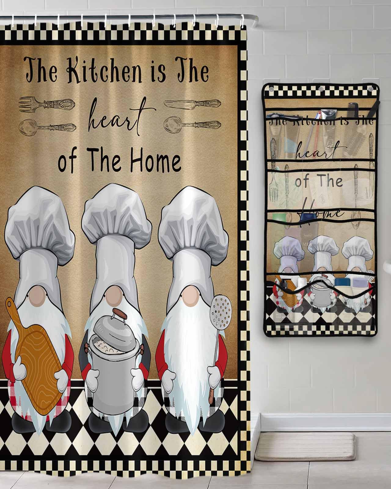 Shower Curtain Mesh Shower Organizer Hanging Set The Chef Gnome Kitchen Retro Black Buffalo Plaid Waterproof Shower Curtains