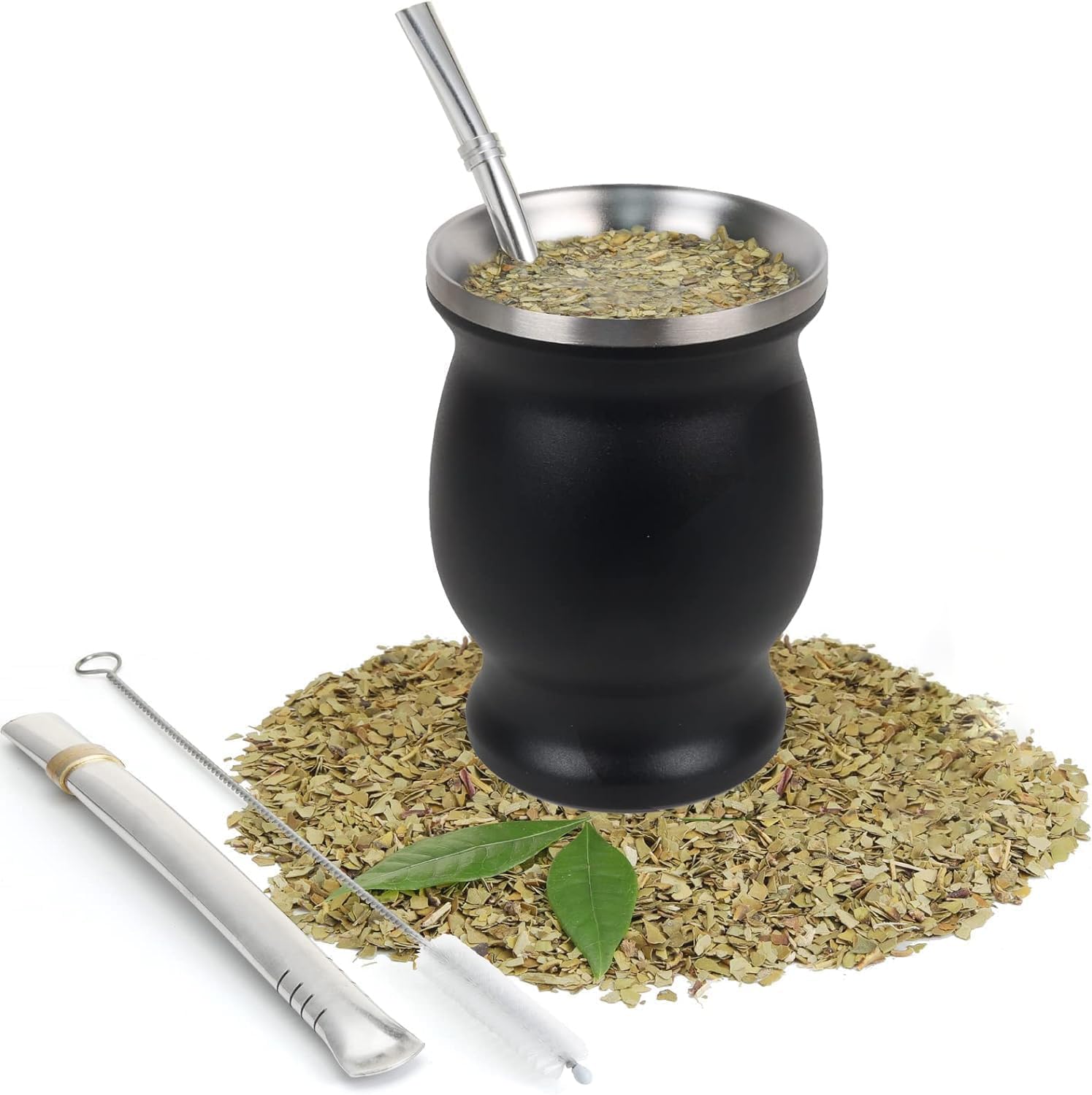 LBOYLOVE Yerba Mate Tea Cup, Stainless Steel Double-Walled Teacup Set Traditional Mate Cup Included 2 Bombillas, Yerba Mate Gourd Cup and Cleaning Brush, Easy to Clean, 230 ML (Black)