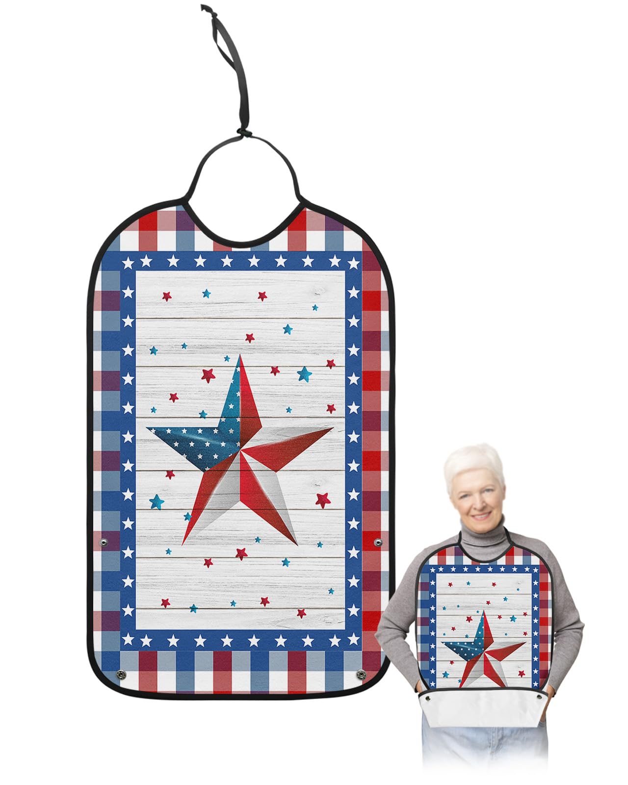 4th of July Adult Bibs for Eating, Waterproof Bibs with Food Catcher & Adjustable Snap Closure, Independence Day Blue Red Plaid Star Washable Clothing Protectors Adult Bibs for Elderly Women/Men