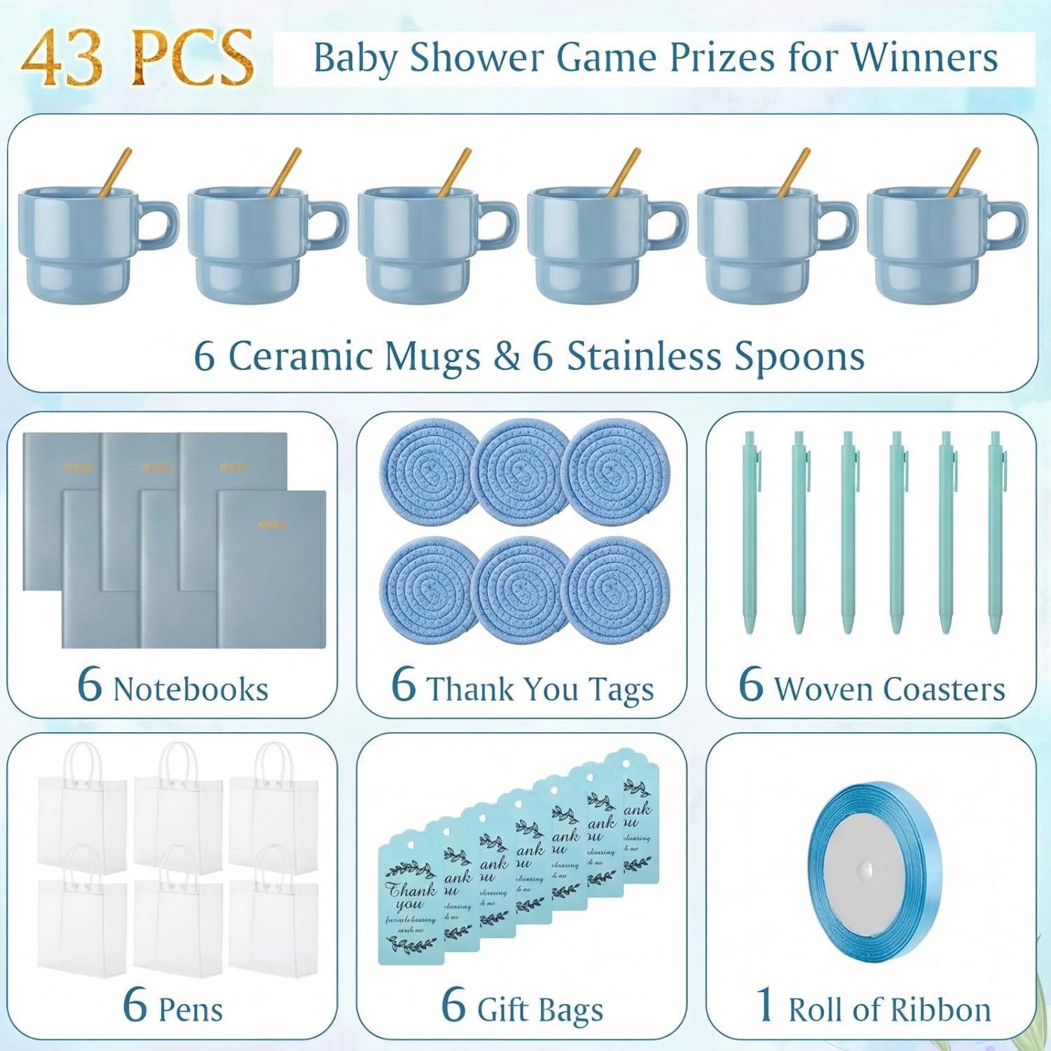 43 Pcs Baby Shower Game Prizes for Game Winners Baby Shower Gifts Including Ceramic Mugs with Spoons Woven Coasters and Notebook Pen Gift Bags Thank You Card for Wedding Bridal Favors(Blue)
