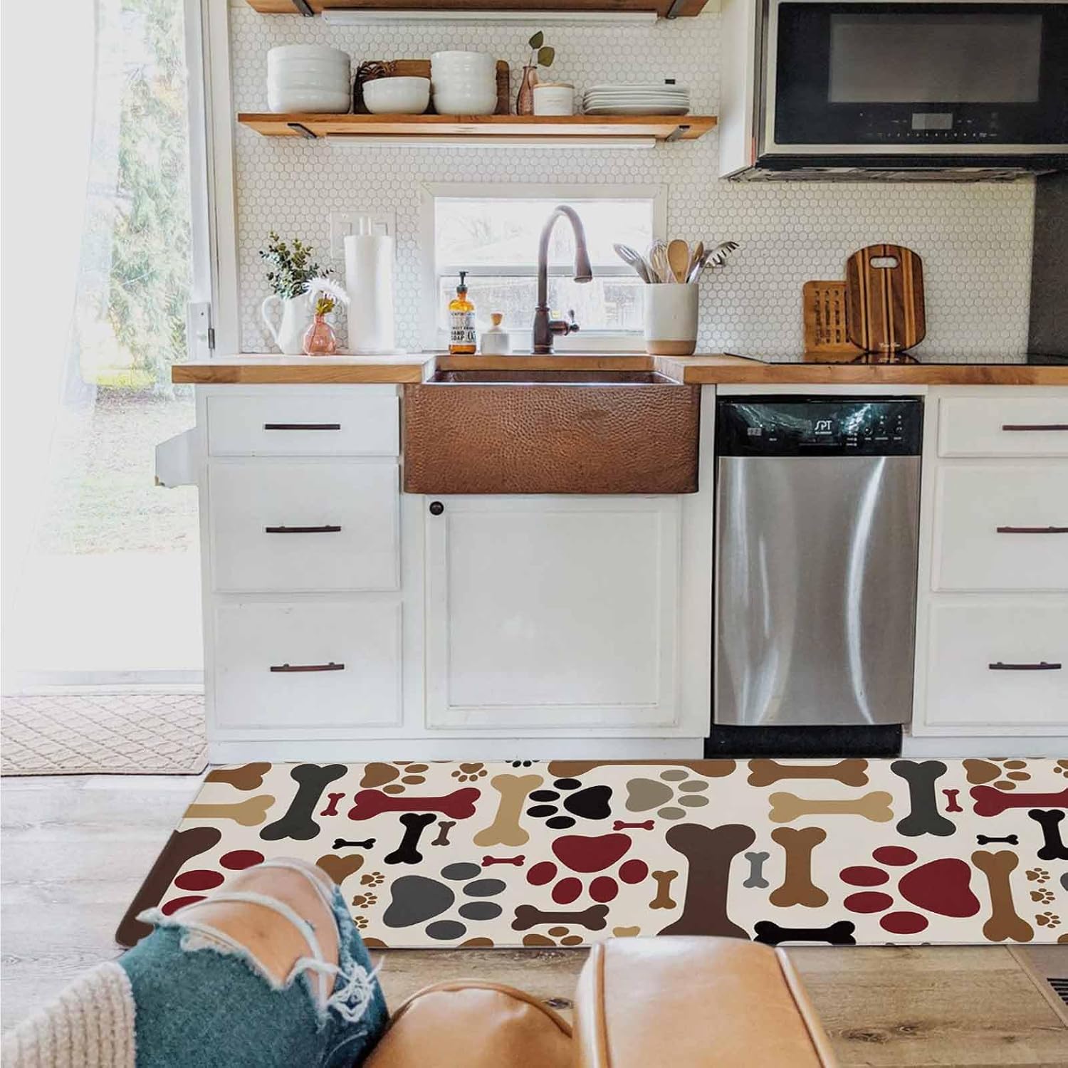 4th of July 2 Pieces Kitchen Mats Floor Area Rug Set Independence Day Red Blue Stars Border Non-Slip Doormat, Indoor Water Absorbent Standing Runner Rugs for Home Decor Retro Linen