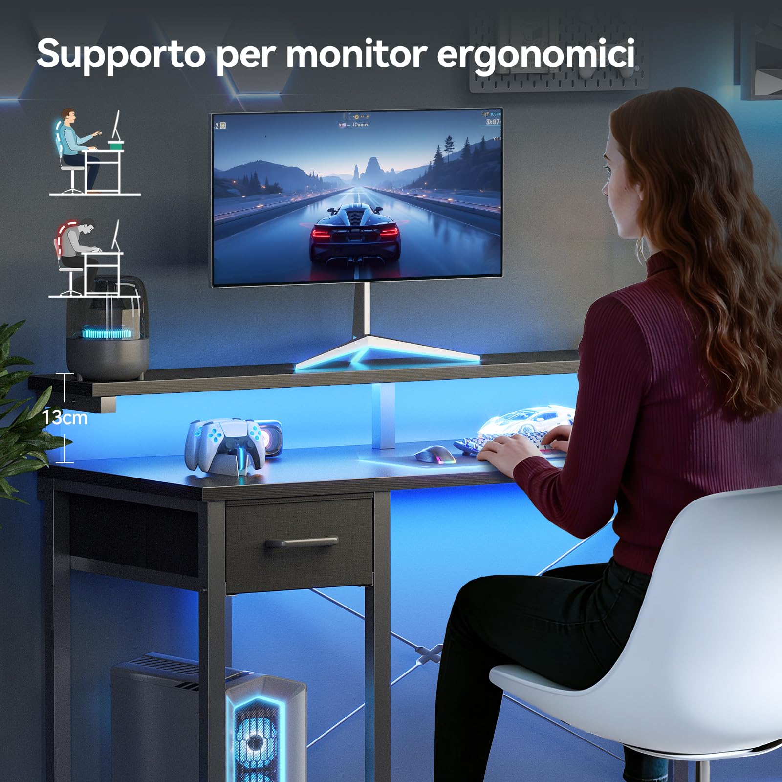 Coleshome Scrivania Gaming con LED, 100x48cm Scrivania con Cassetti, Reversibile Scrivania Piccola con Supporto Monitor e Gancio per Cuffie, Una Perfetta per Gli Spazi Ridotti, Nero