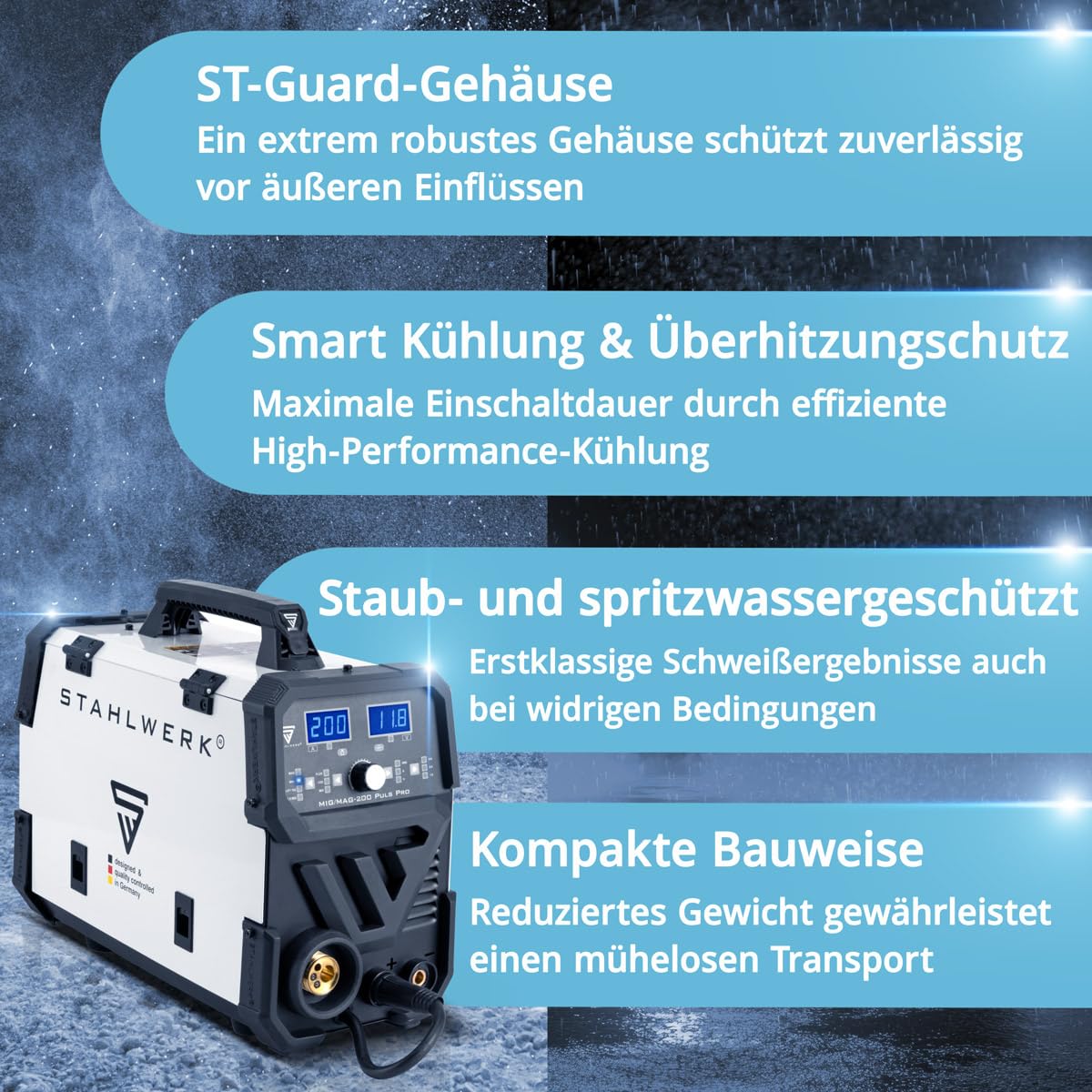 STAHLWERK Schweißgerät 5-in-1 Kombi MIG/MAG 200 Puls Pro – vollsynergisch Schweißen bis 200 A, FLUX (Fülldraht), Lift-TIG, MMA (ARC) und Puls-MIG für Aluminium in einem Gerät, 4-Rollen-Antrieb, IGBT