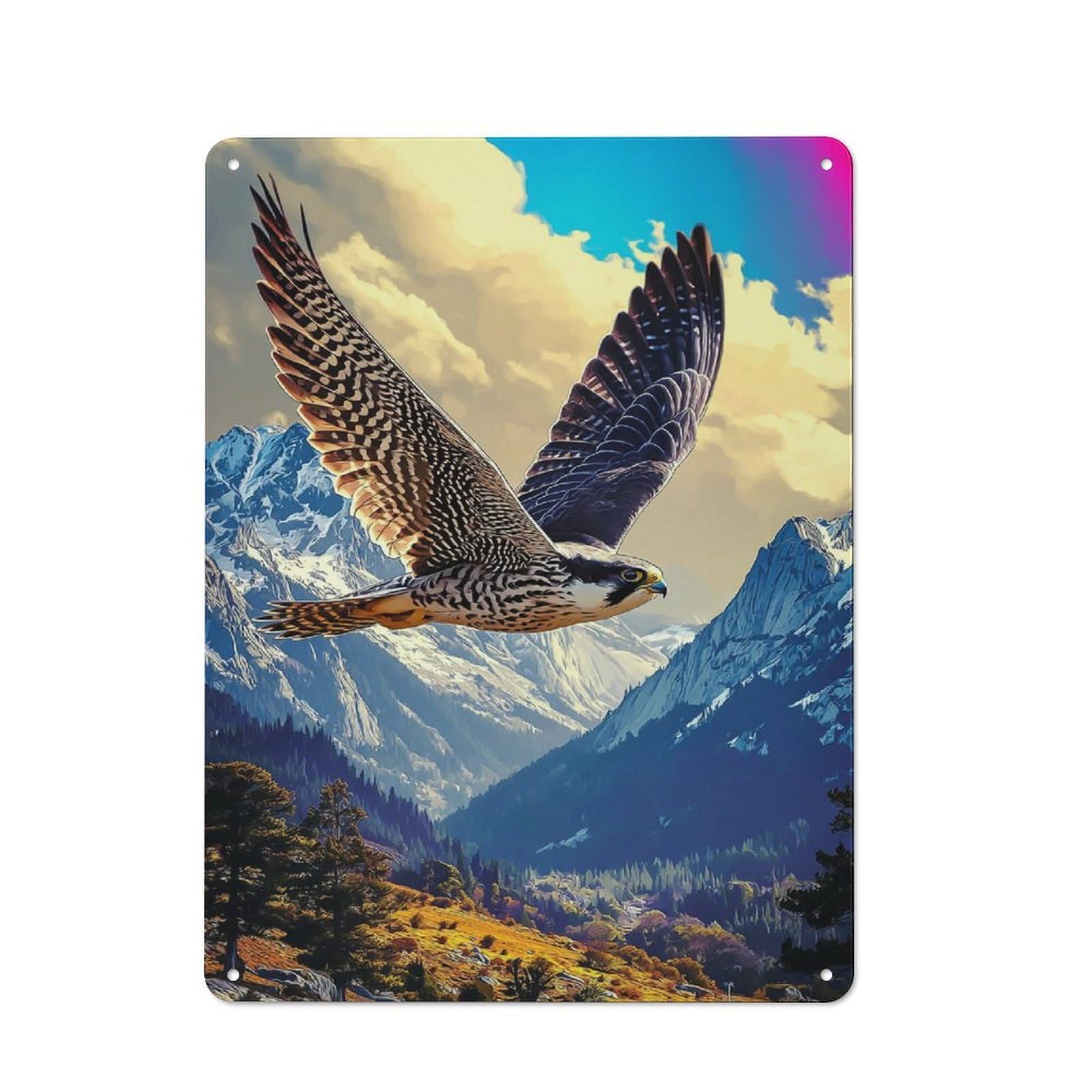 Junmoney Mountain Majesty Soaring Hawk Modern Vintage Metal Desk Wall Sign 40X30cm, Office Wall Decor For Office, Study, Studio Or Hallway